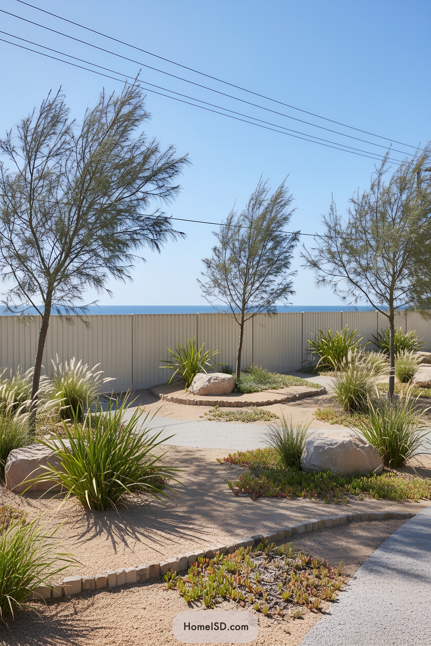 Minimalist coastal yard with curving gravel paths, native grasses, and boulders