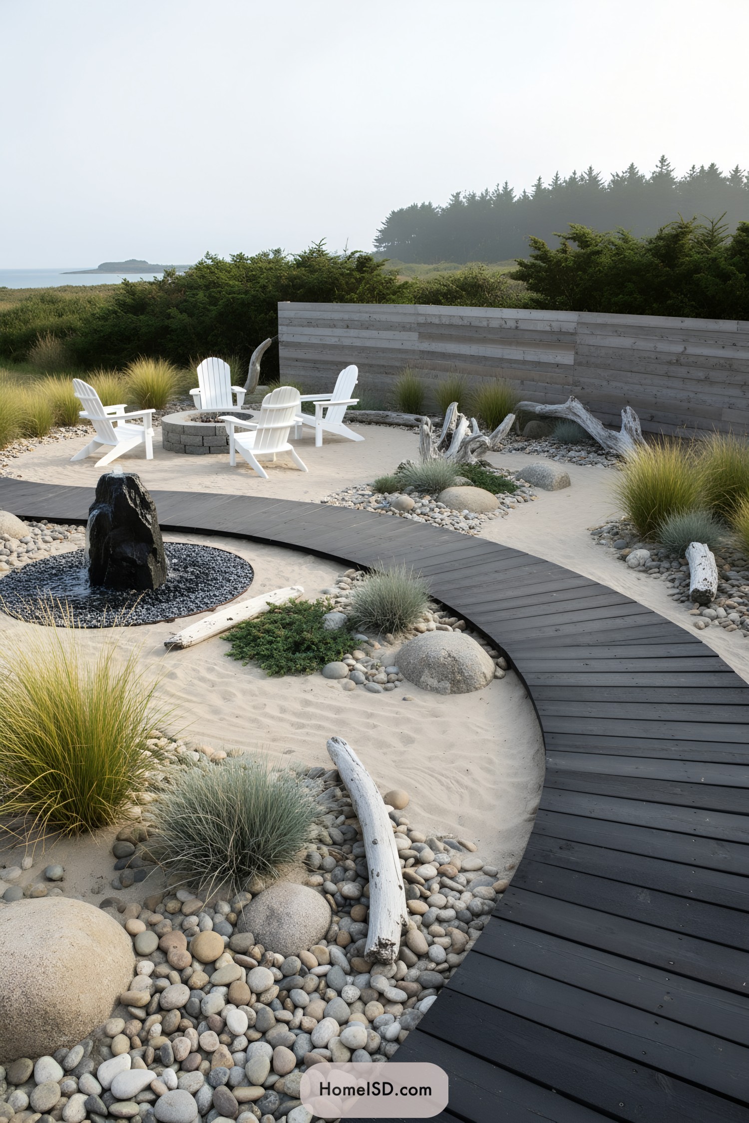 Curved boardwalk with sandy fire pit nook