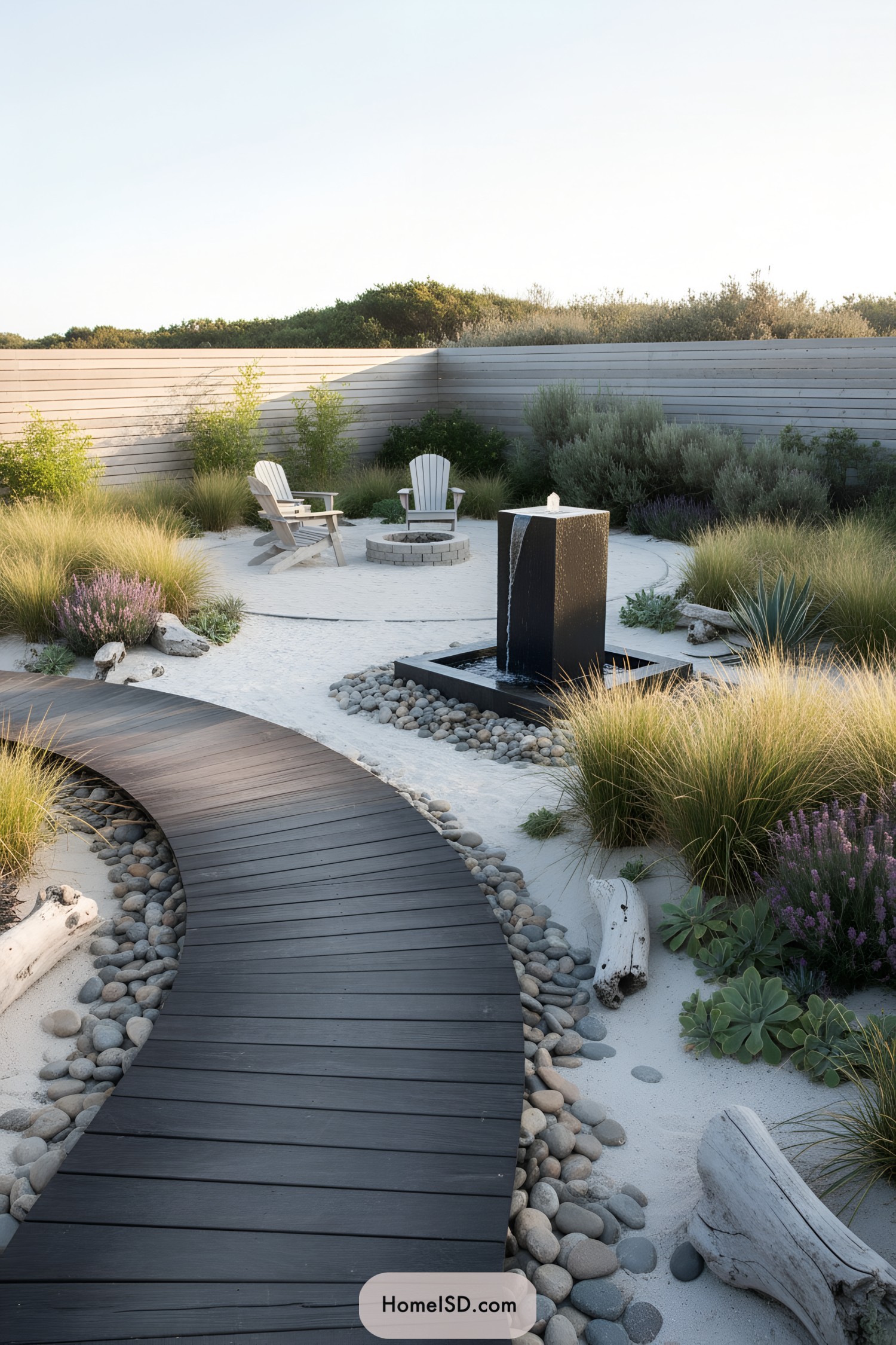 Curved boardwalk through sandy garden with fire pit and fountain