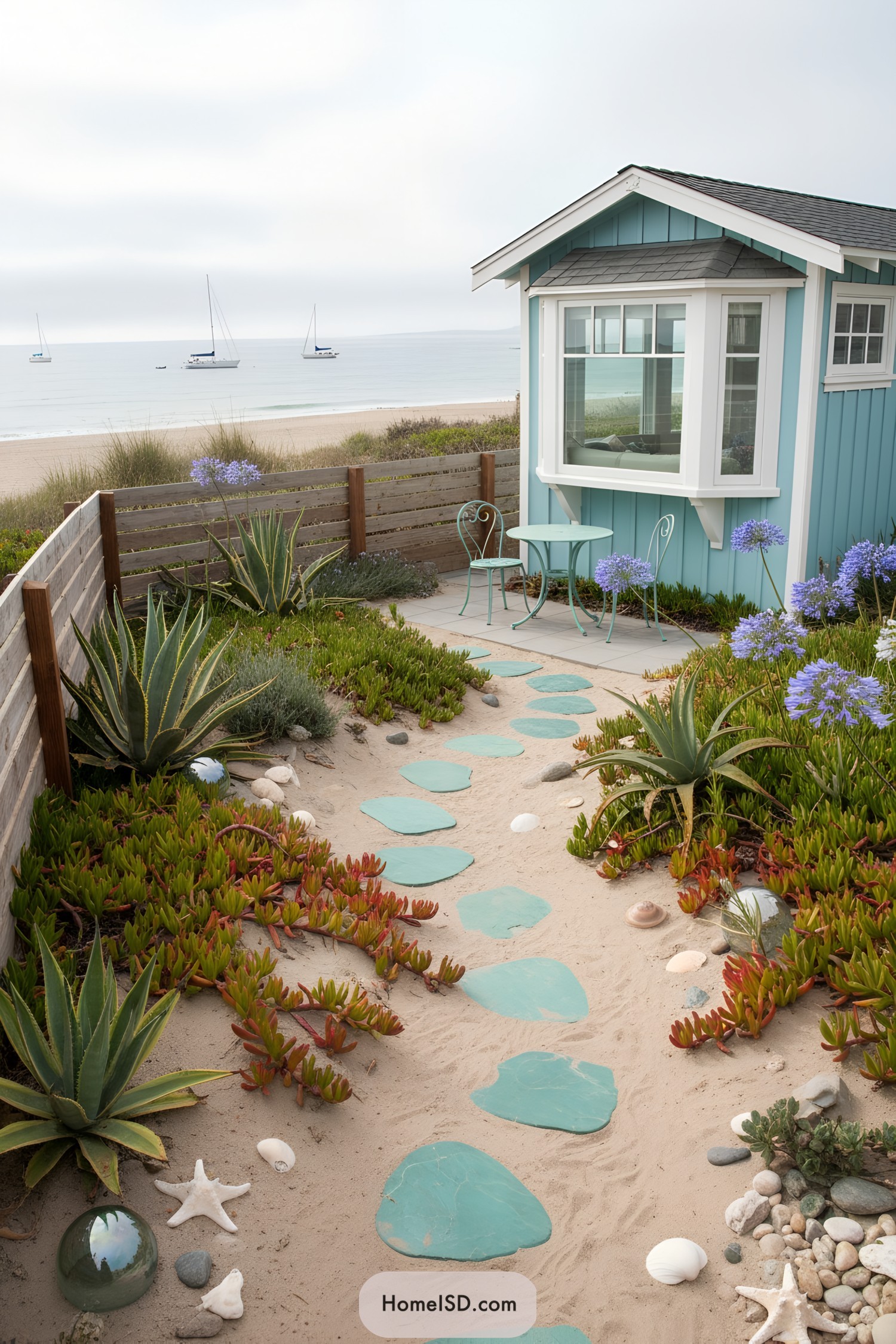 Succulent-filled sandy yard with teal stepping stones and a bistro set by a blue cottage