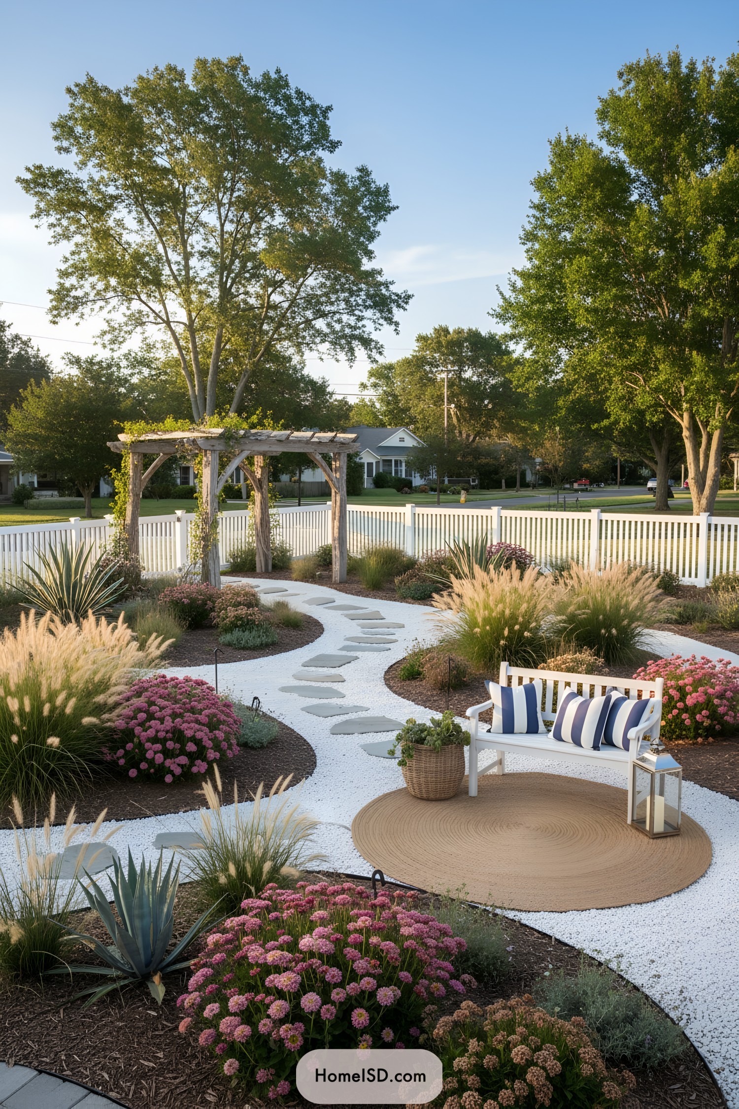 White gravel path, bench, and pergola