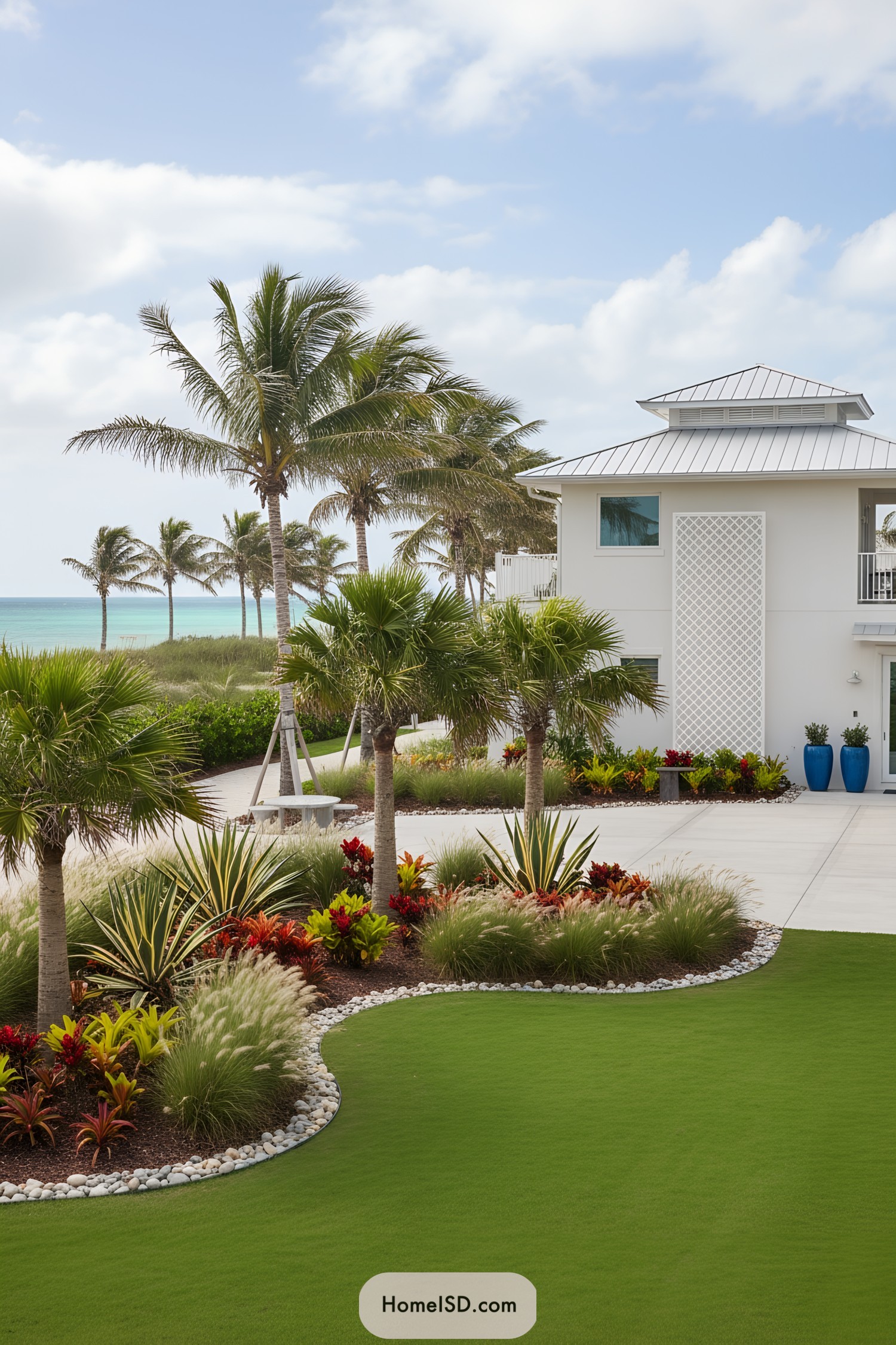 Palm-lined coastal yard with curving lawn, grasses, and colorful tropical plantings by a modern white house