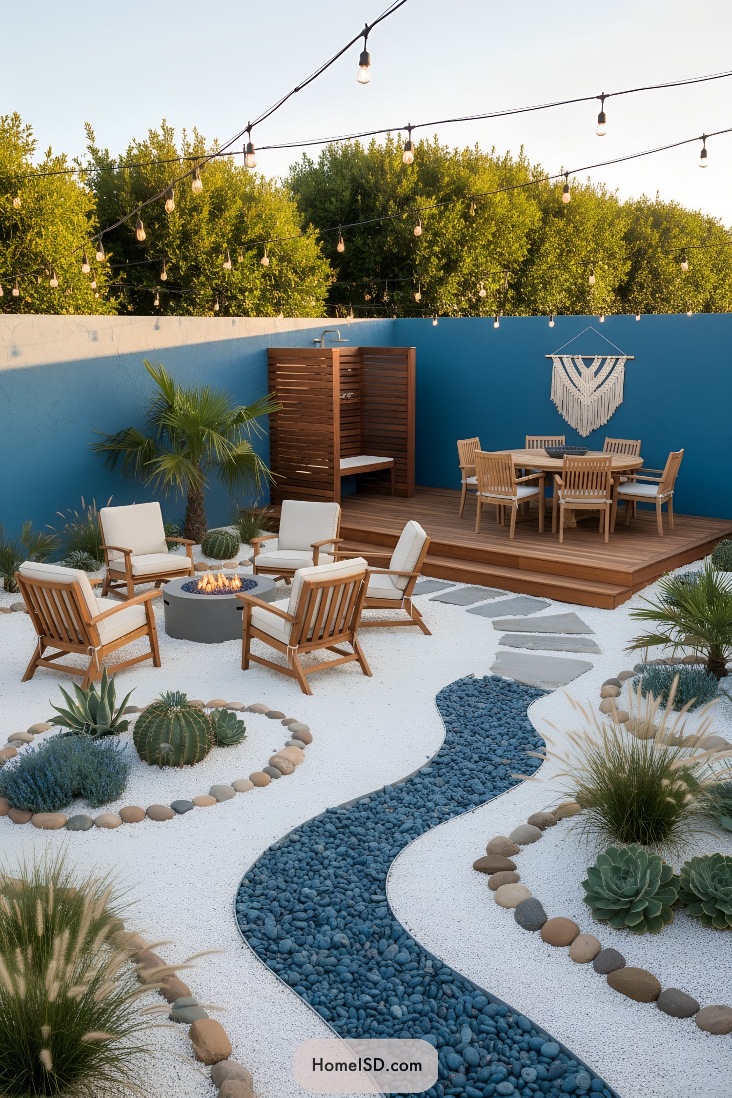 Modern beach courtyard with fire pit seating and blue gravel stream