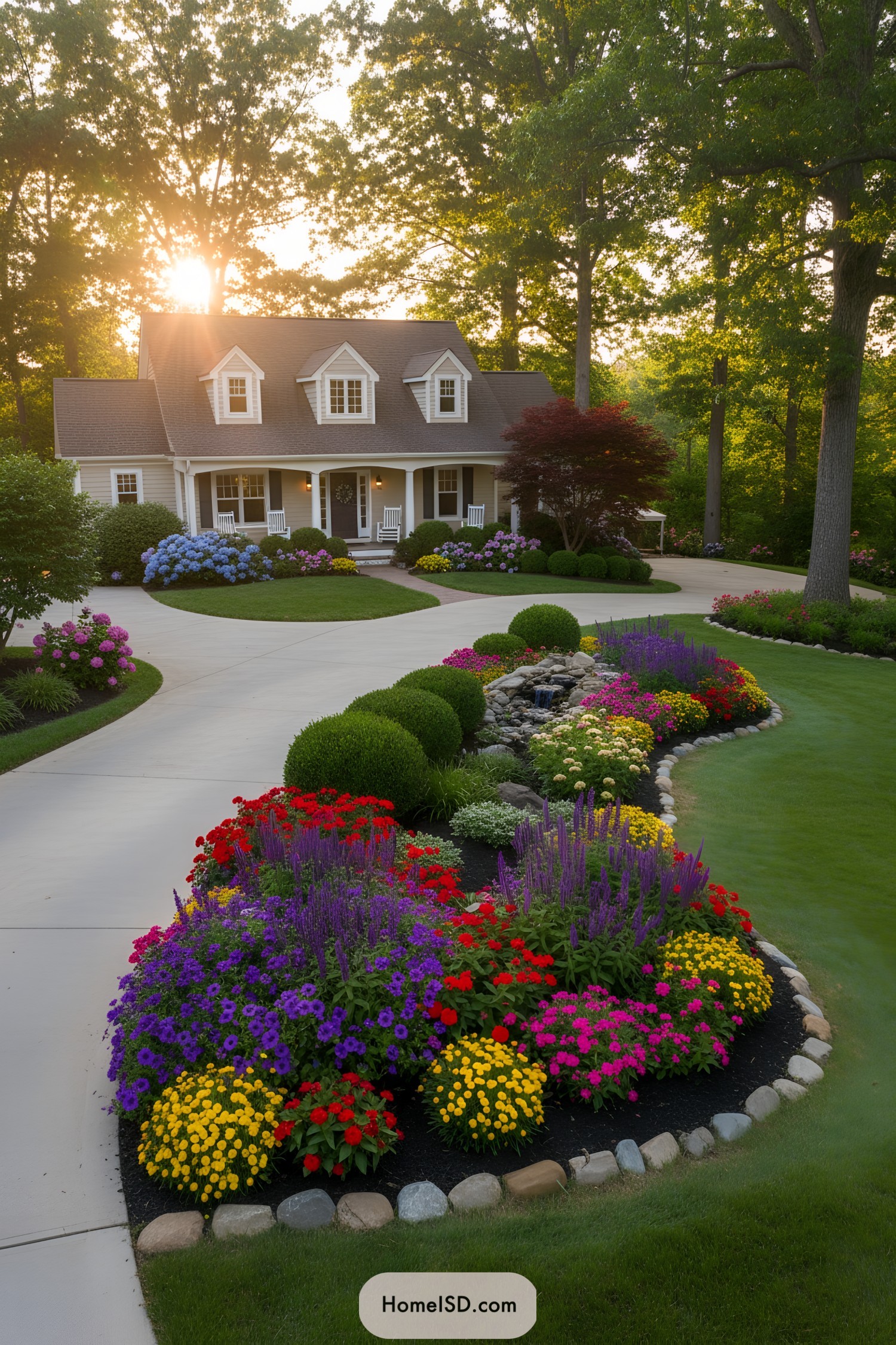 Curved driveway with vibrant flower borders