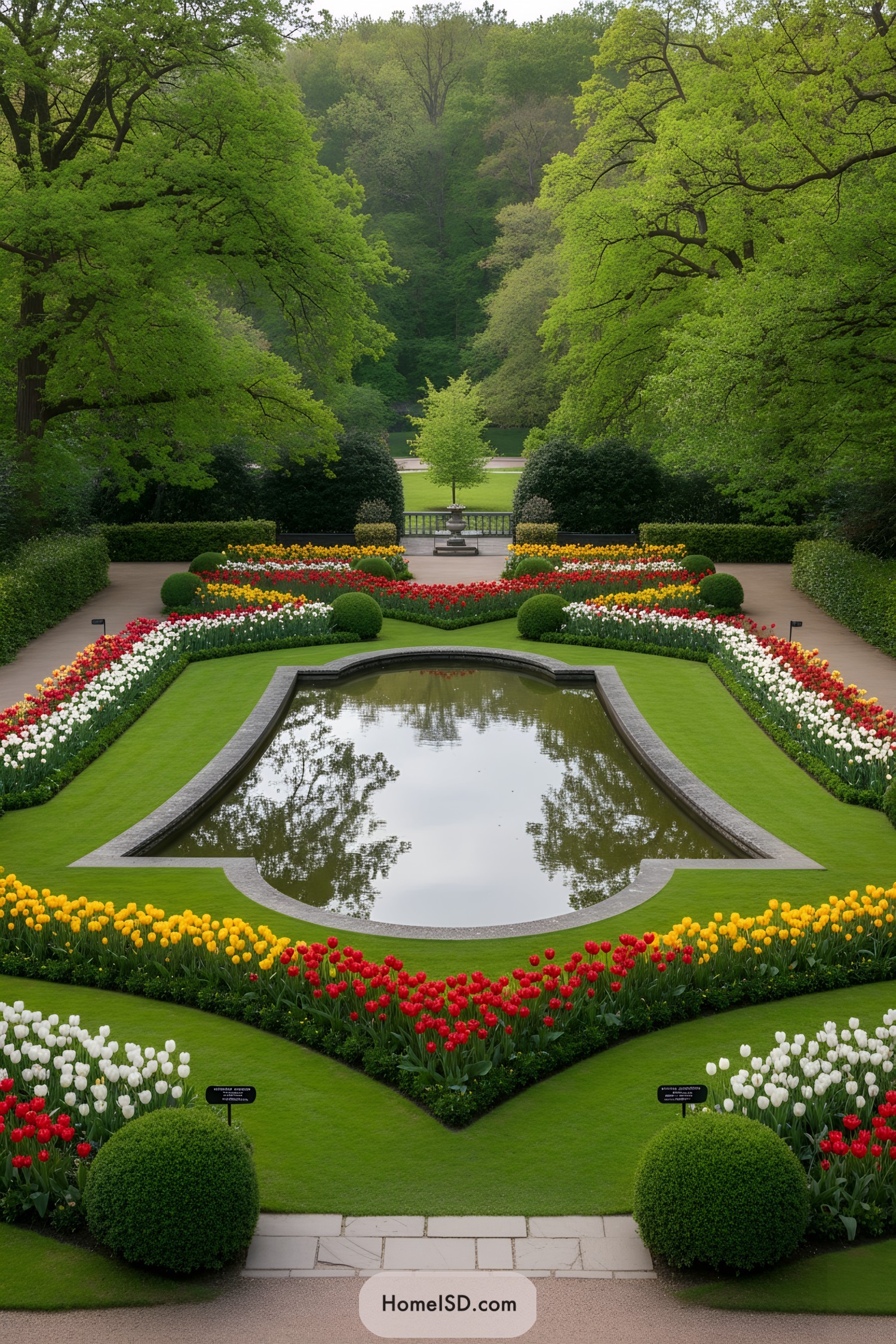 Formal pond centered among tulip bands