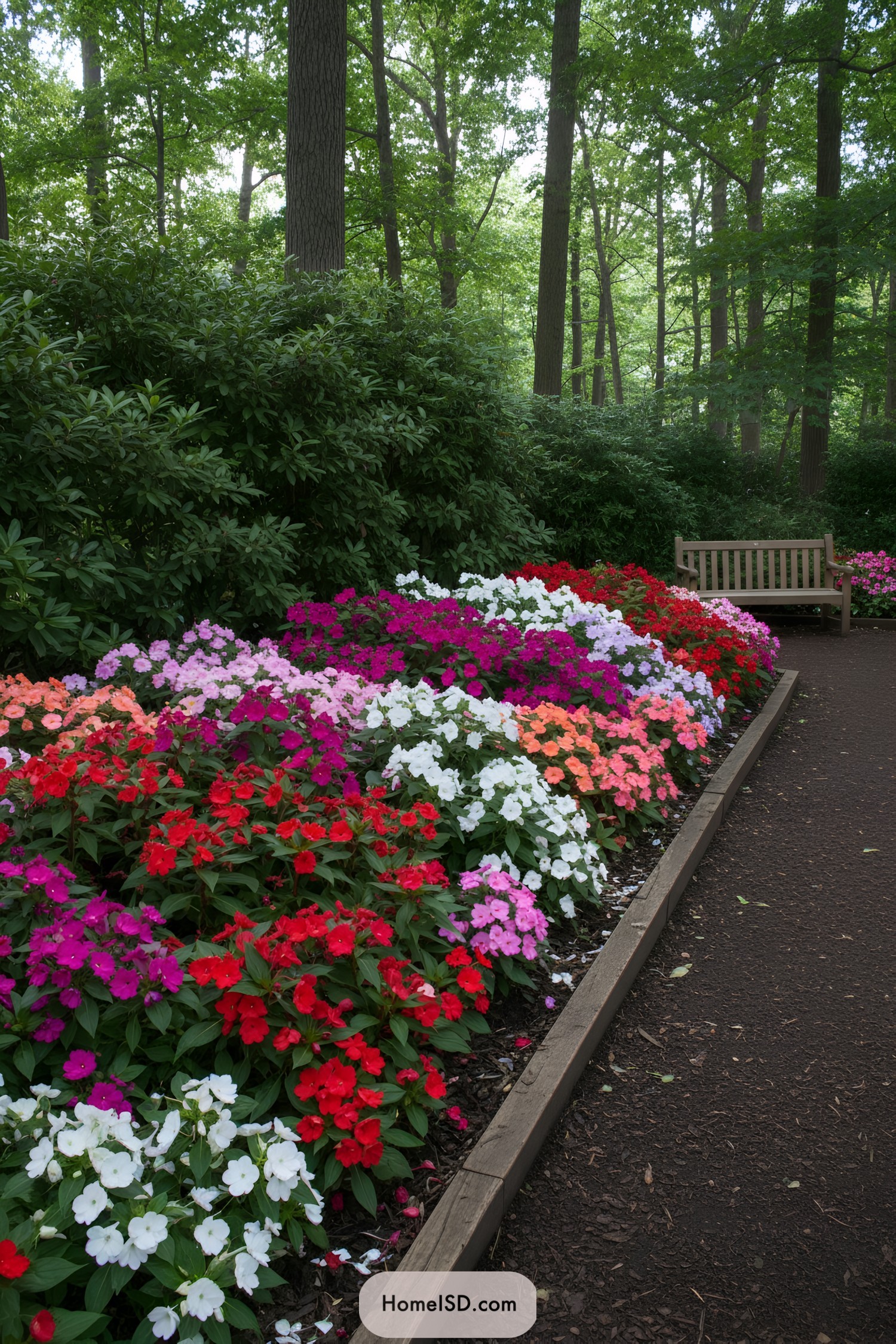 Curved path with colorful impatiens and a wooden bench in a shaded woodland garden