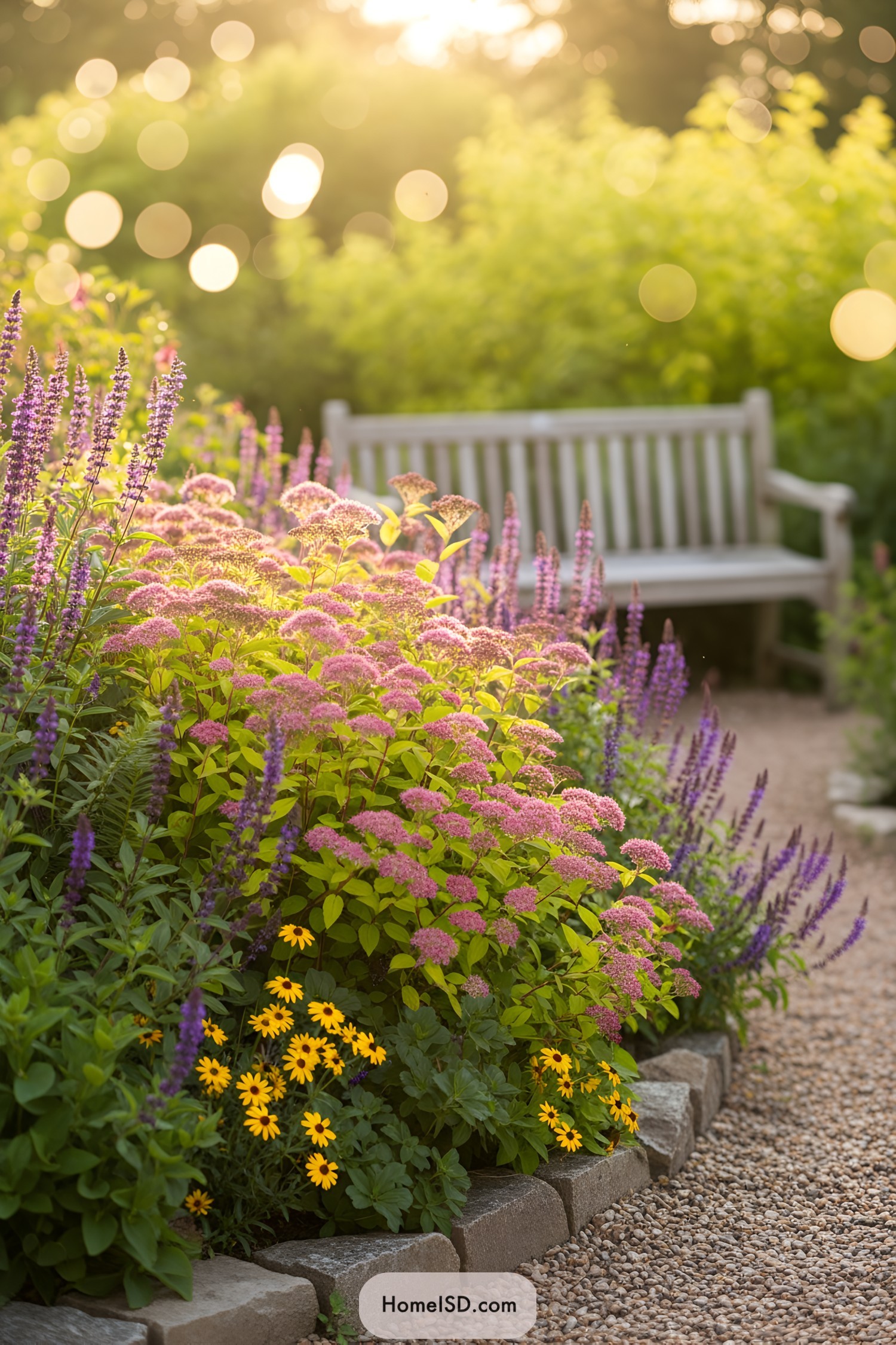 Flower border with pink sedum, purple salvia, and yellow daisies beside a gravel path and wooden bench at sunset