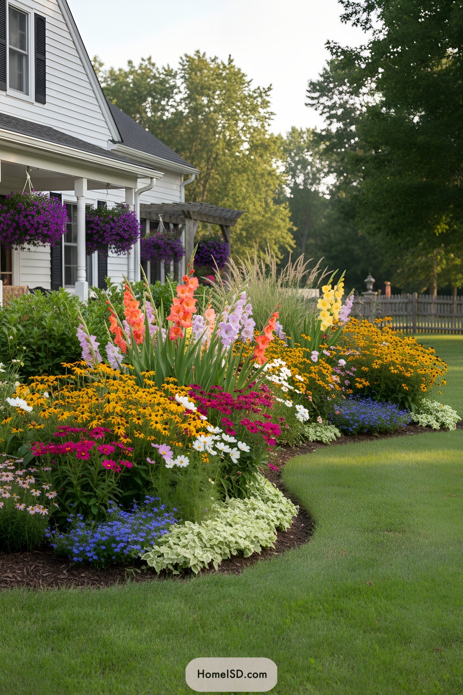 Curved cottage border with mixed blooms by a porch