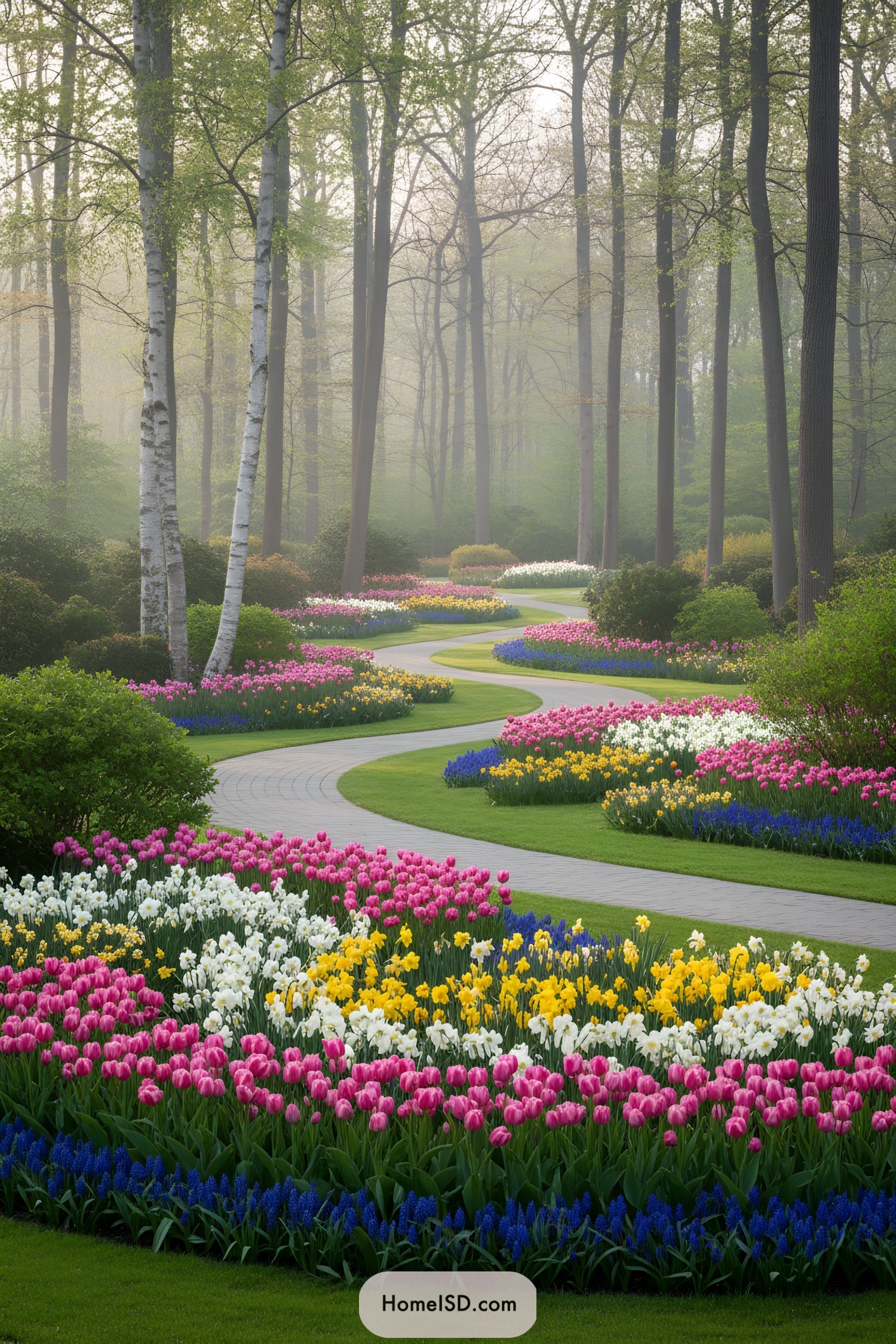 Curving path through layered spring blooms