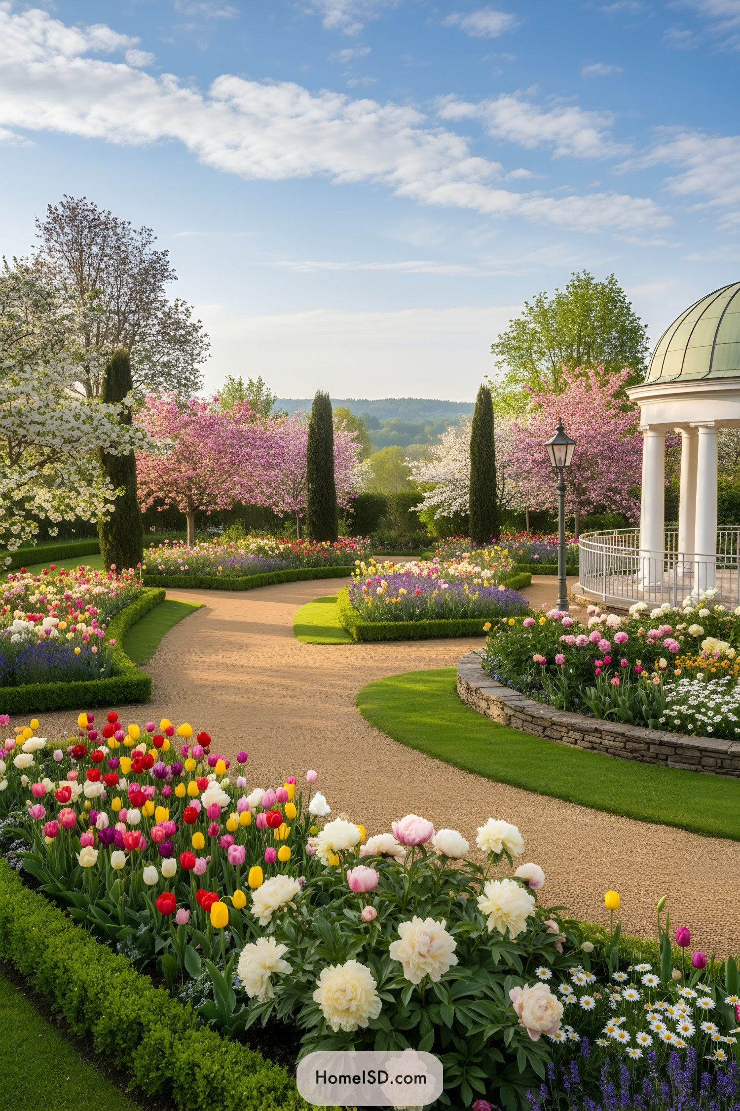 Curving gravel paths through blooming borders and pavilion