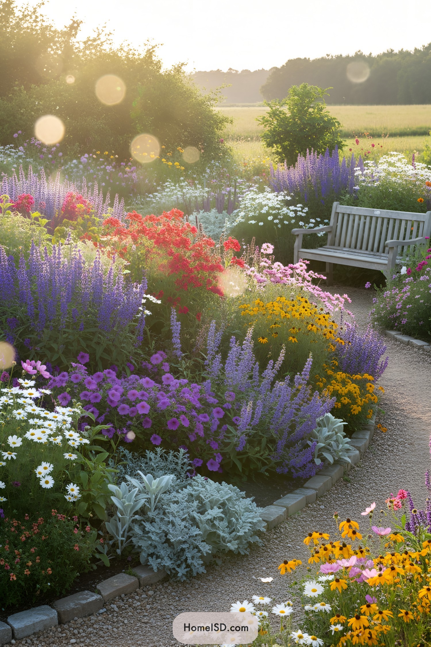 Curved gravel path with bench amid vibrant perennials