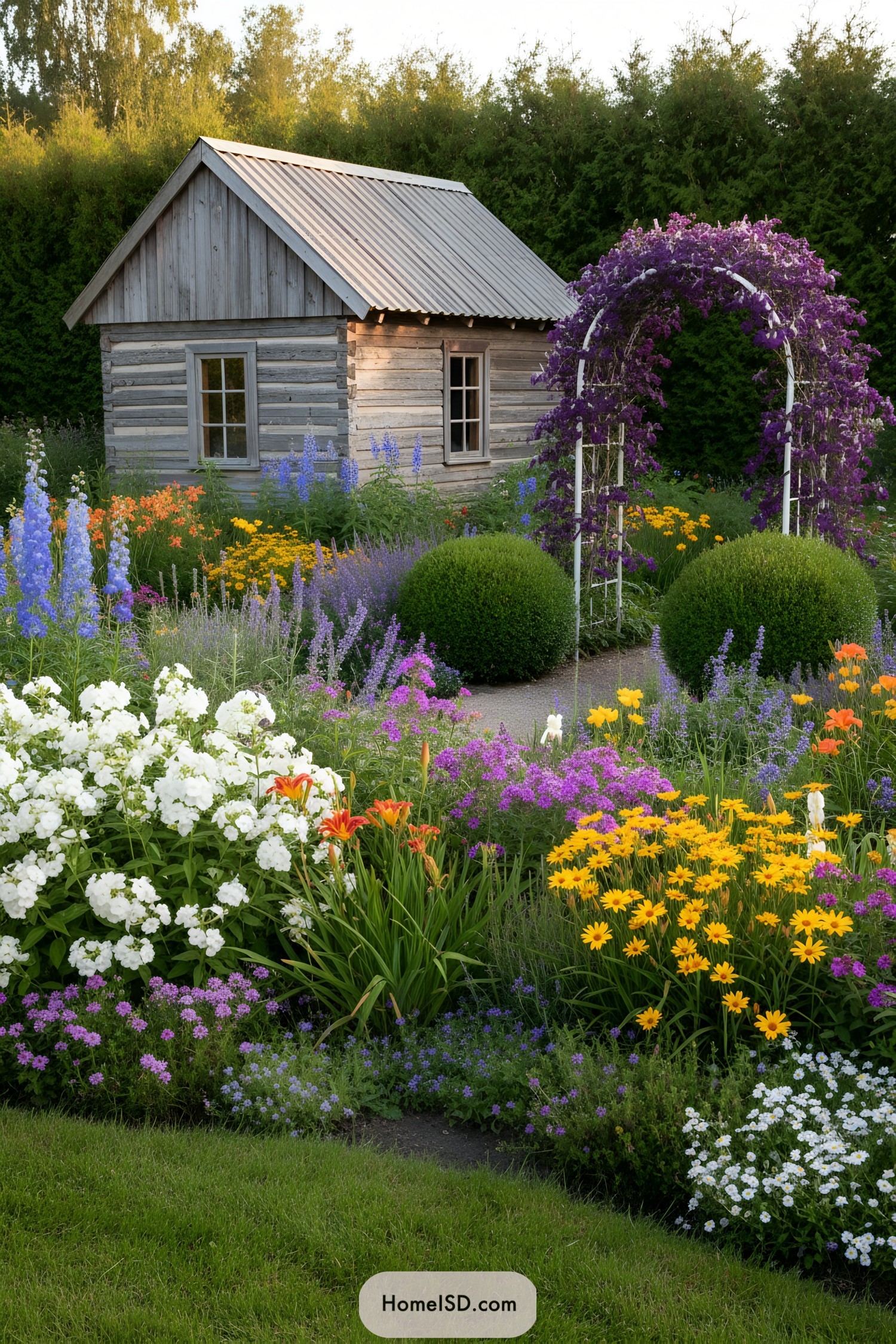 Flower garden with arbor and rustic shed