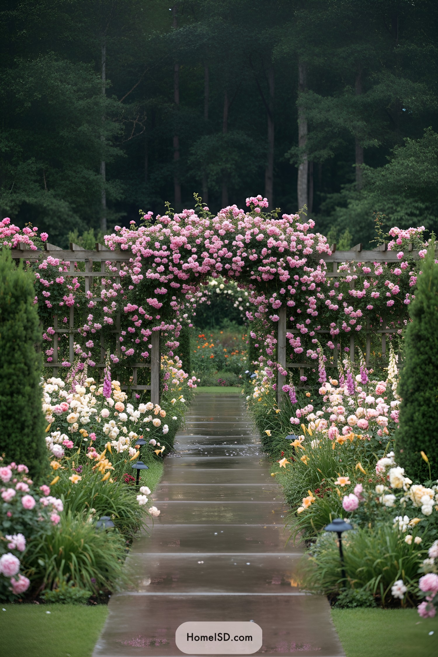 Wet stone path under pink rose arbor