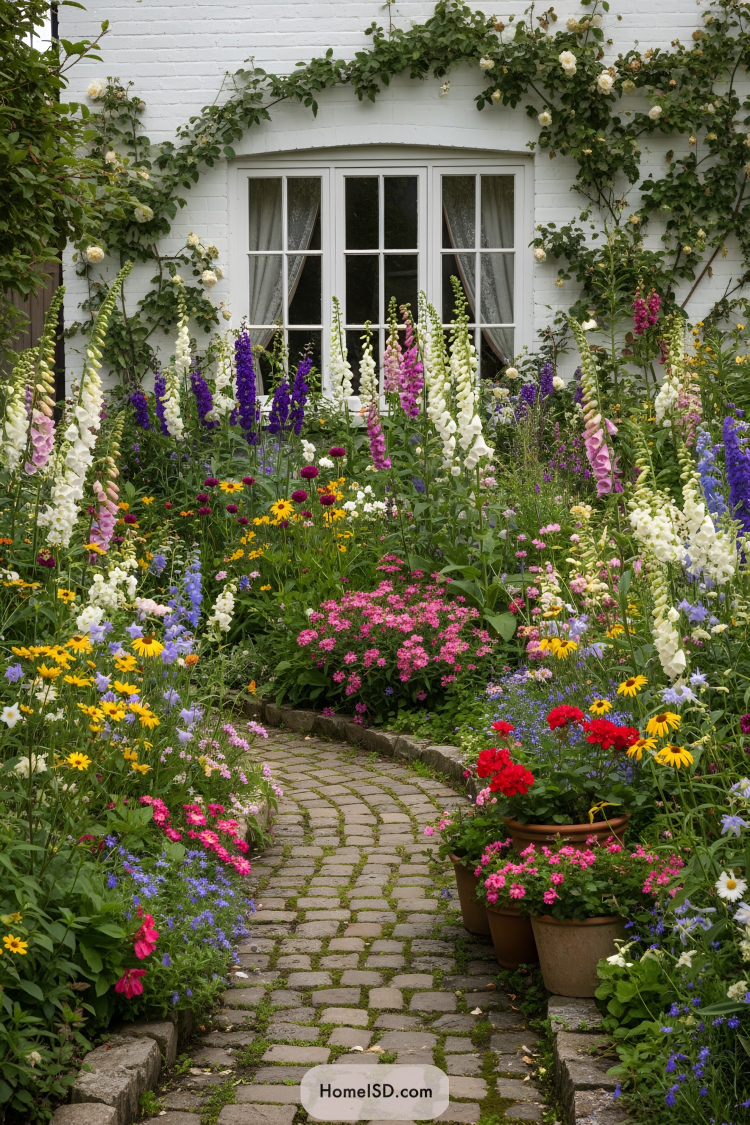 Cobbled path winding through dense cottage blooms