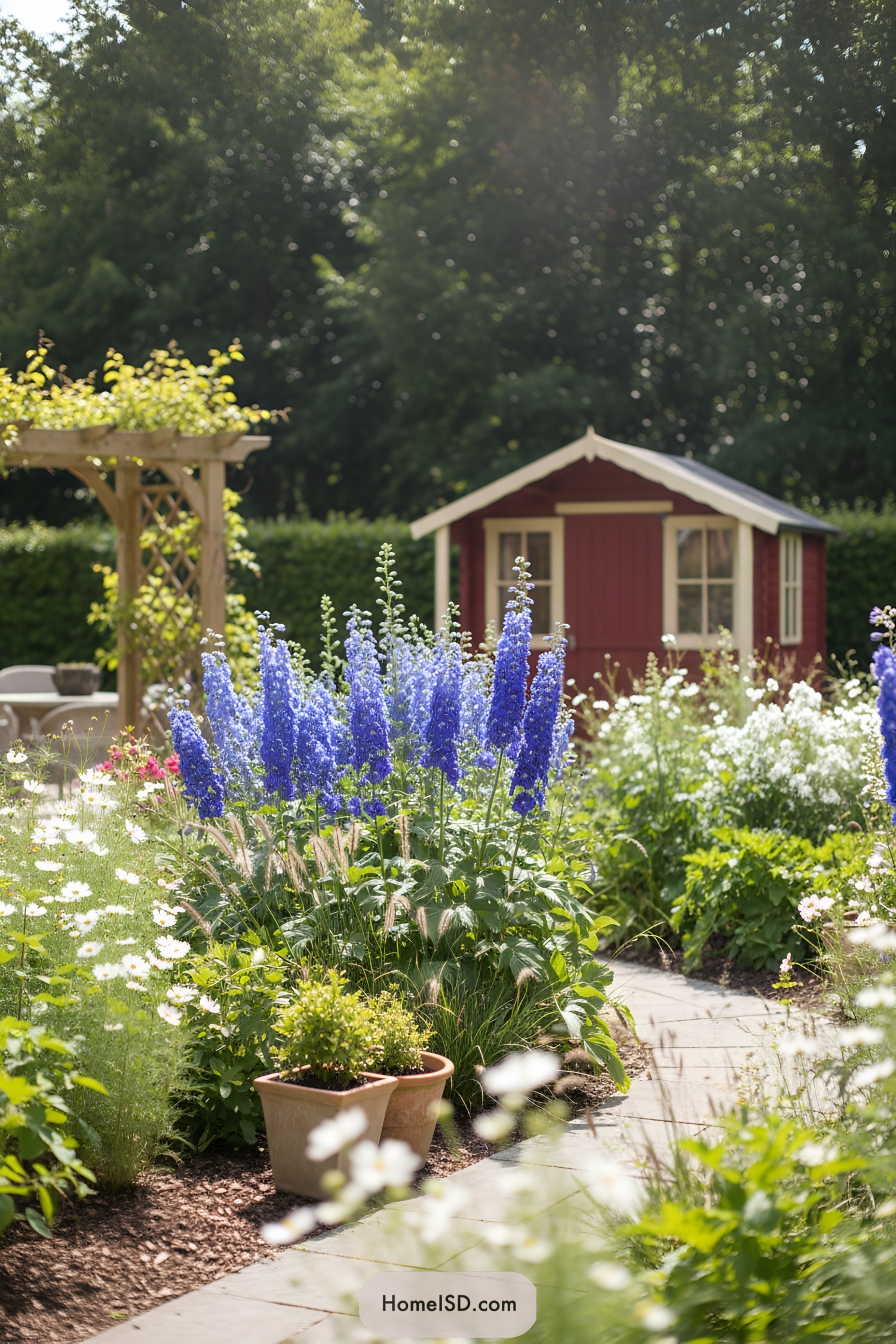 Curving path through cottage garden with blue delphiniums