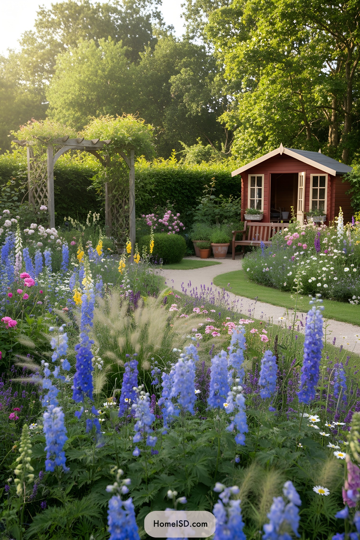 Curving path to red garden shed with blue delphiniums, mixed blooms, and wooden arbor