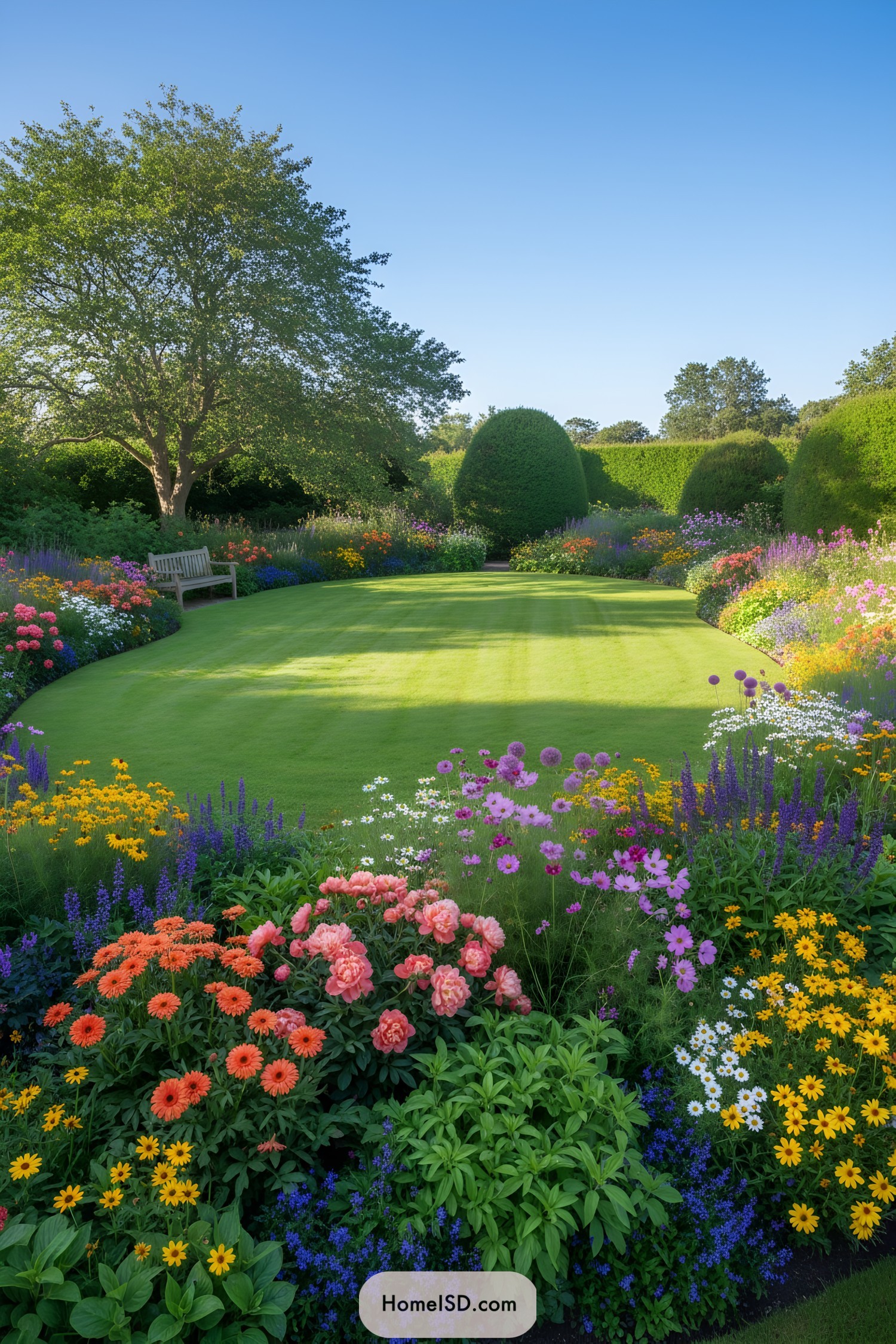 Curved lawn bordered by vibrant flower beds