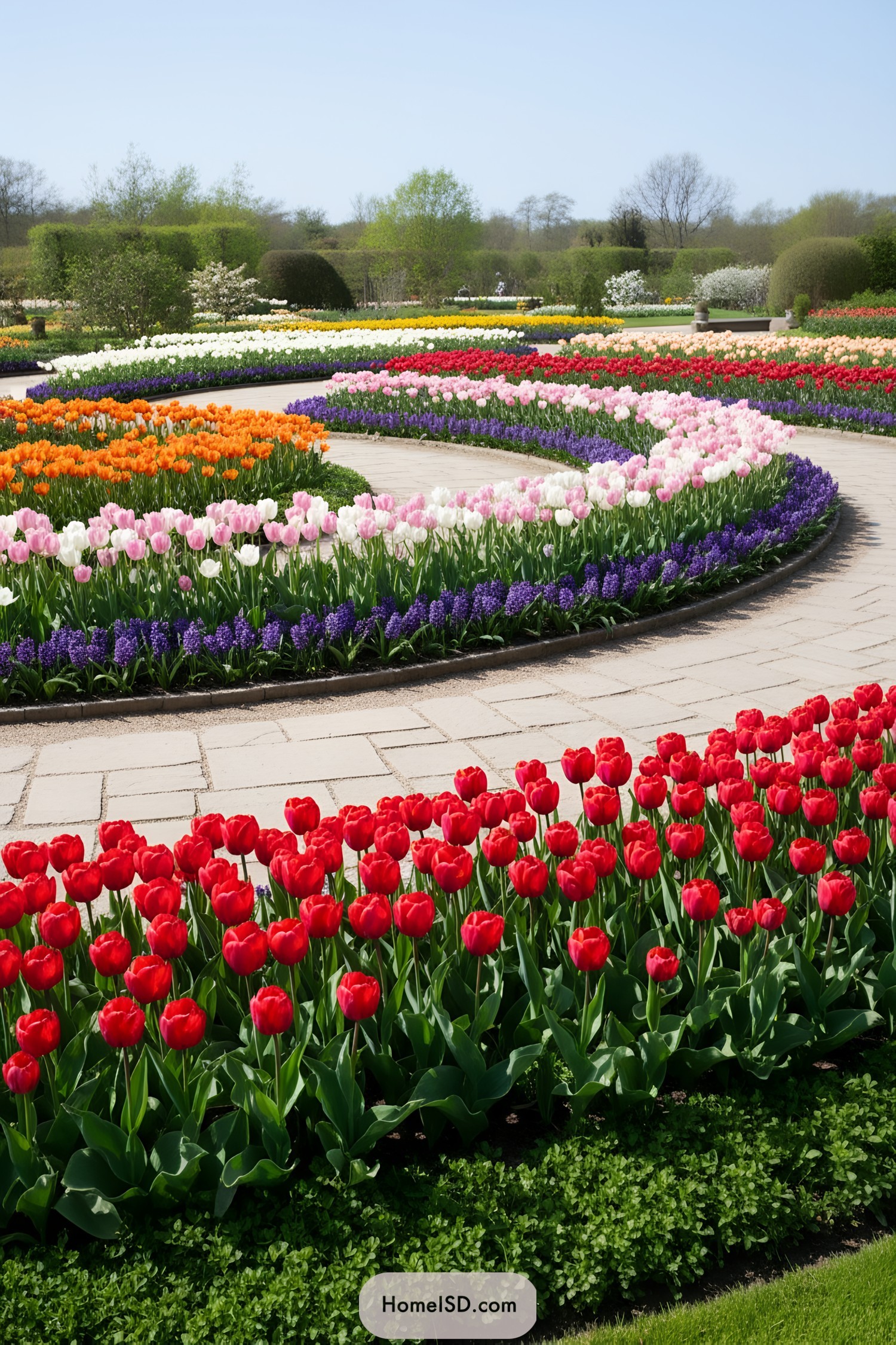 Curving paths lined with colorful tulip bands