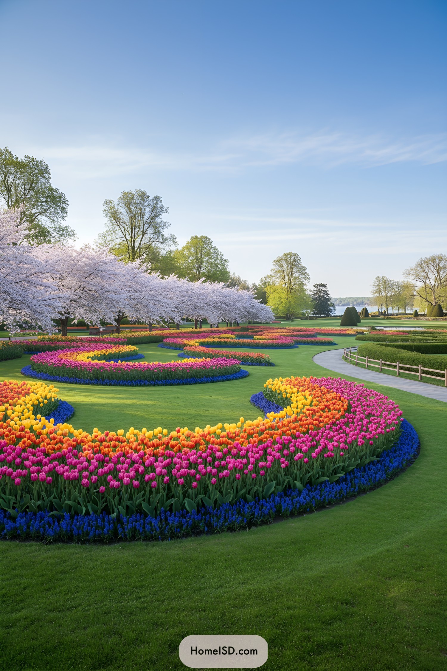Curving rainbow flower beds on manicured lawn