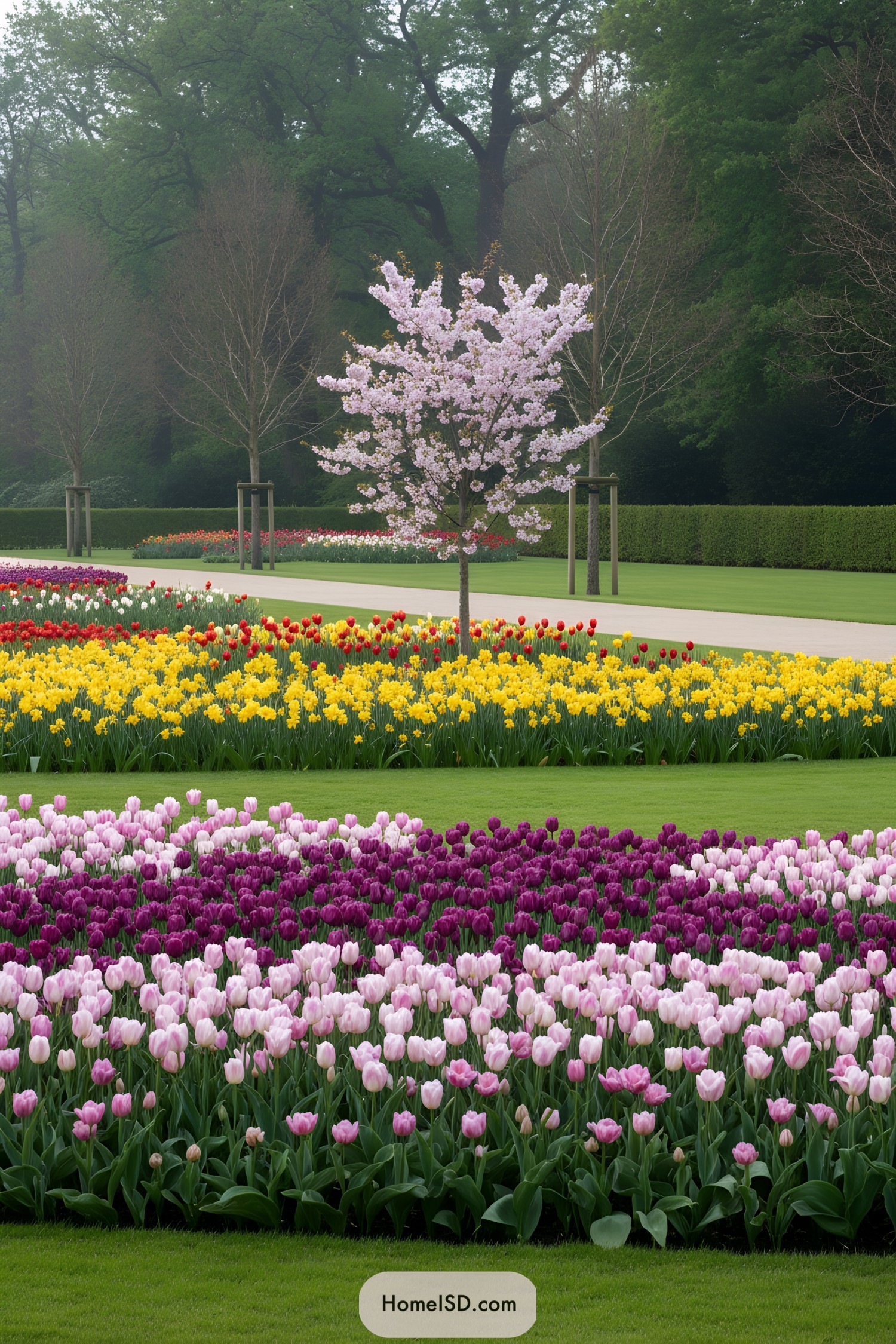 Color-banded tulip and daffodil beds