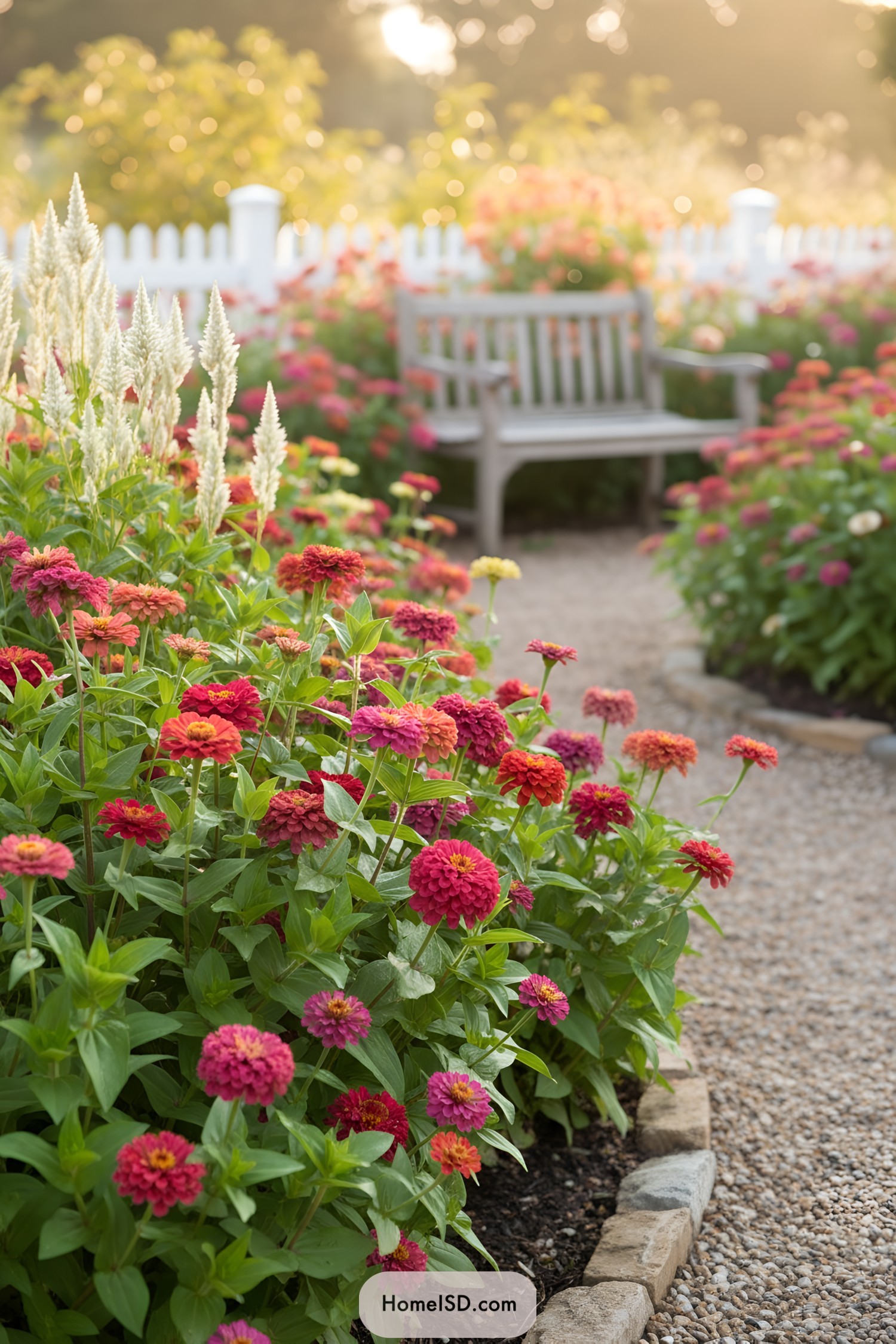 Bench beside curving gravel path in vibrant zinnia garden