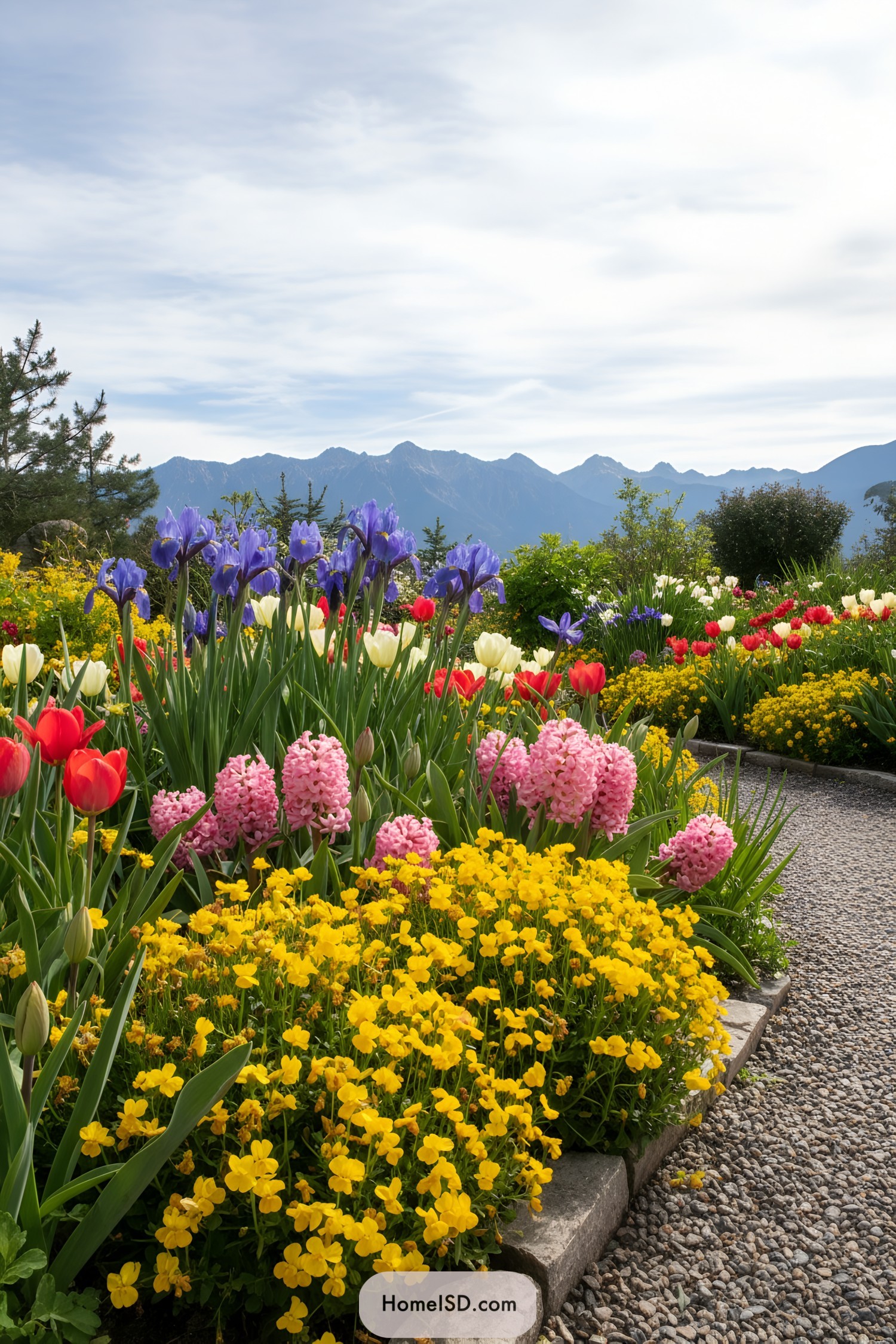 Colorful flower beds beside gravel path with mountain backdrop