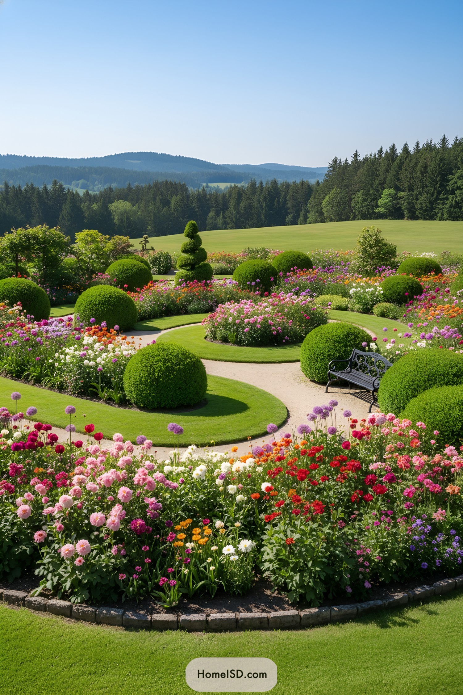 Curving paths with clipped mounds and colorful flower beds