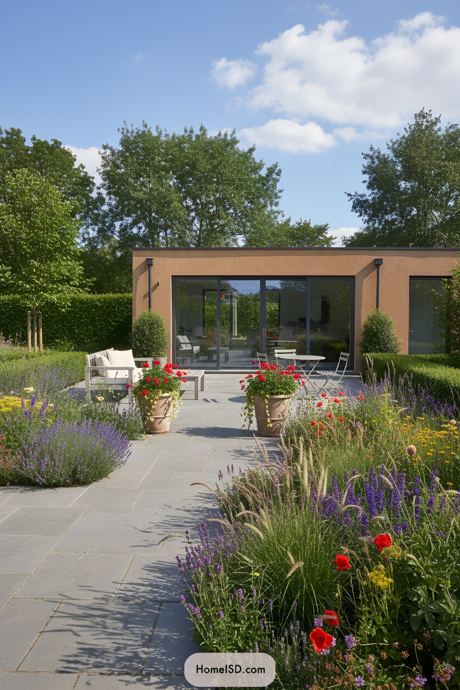 Contemporary patio with slate paths, wildflower borders, and potted geraniums