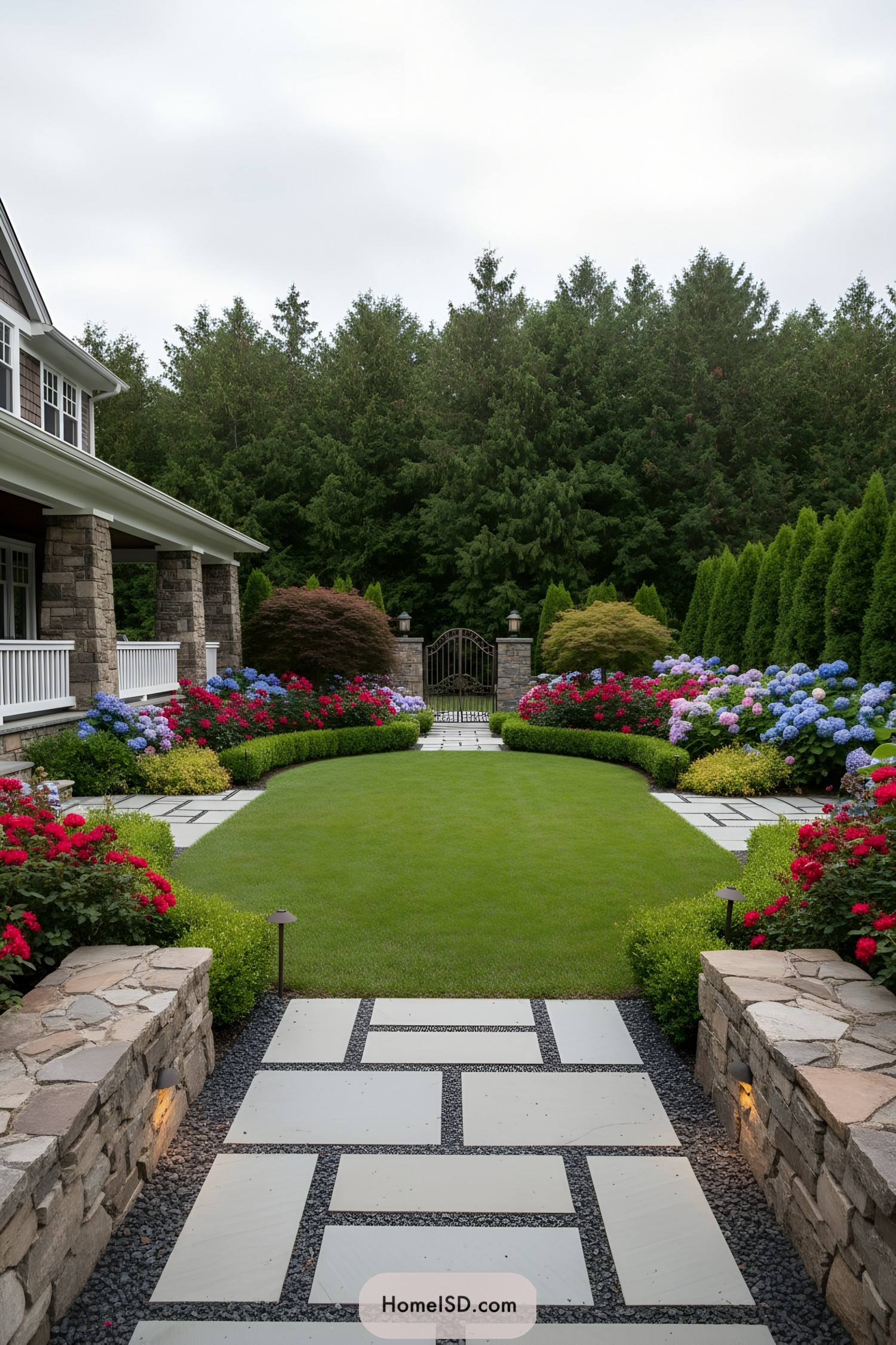 Stone path, manicured lawn, and colorful hedges