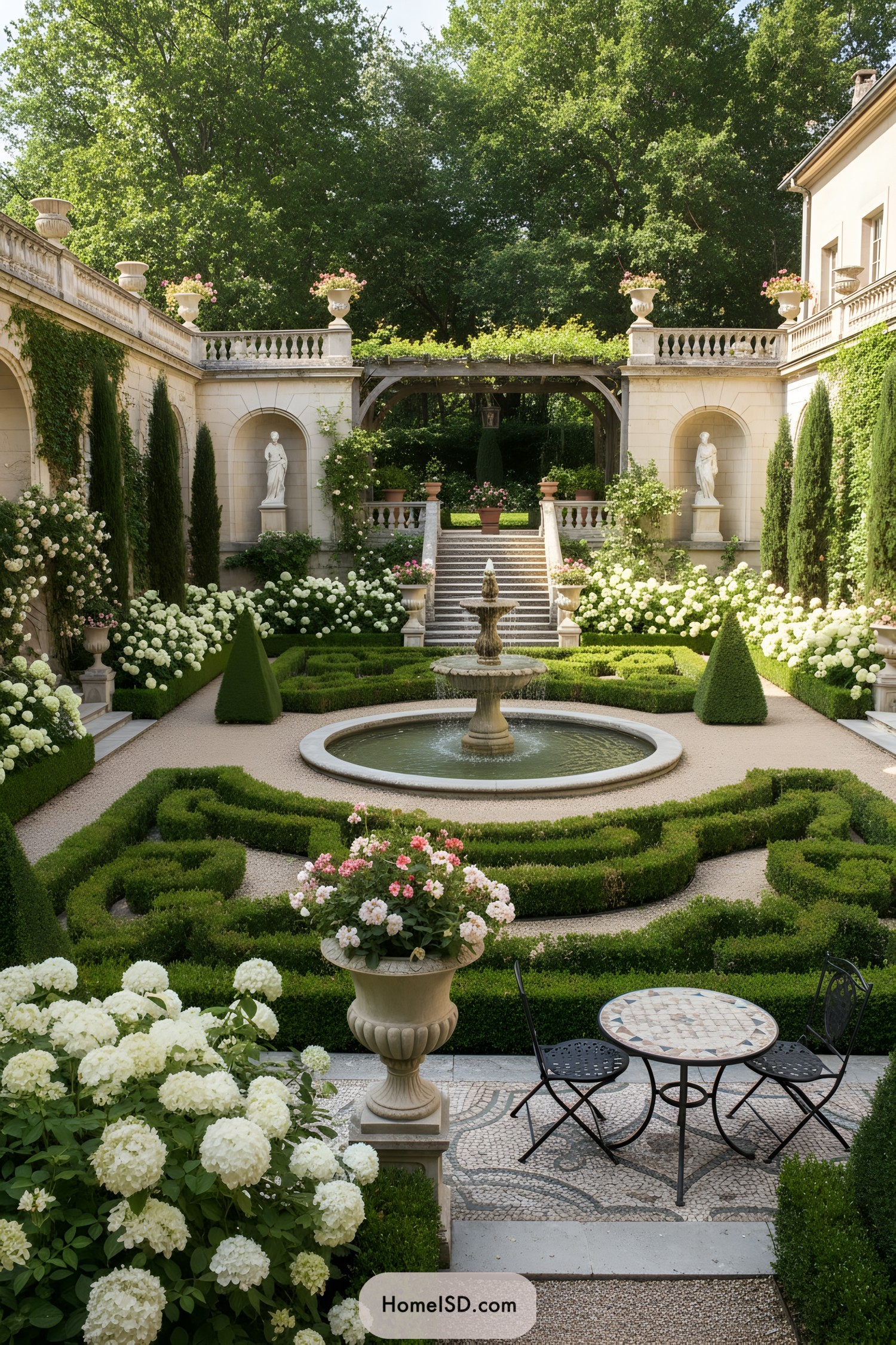 Formal courtyard with central fountain, statues, and manicured hedges