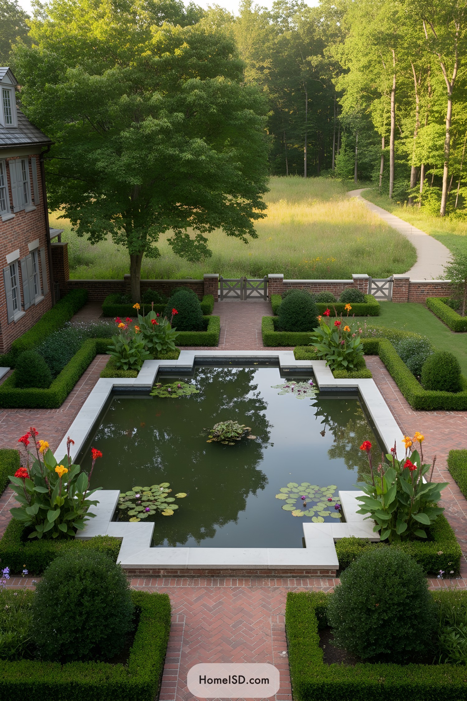 Formal courtyard with geometric reflecting pool, clipped hedges, and brick paths