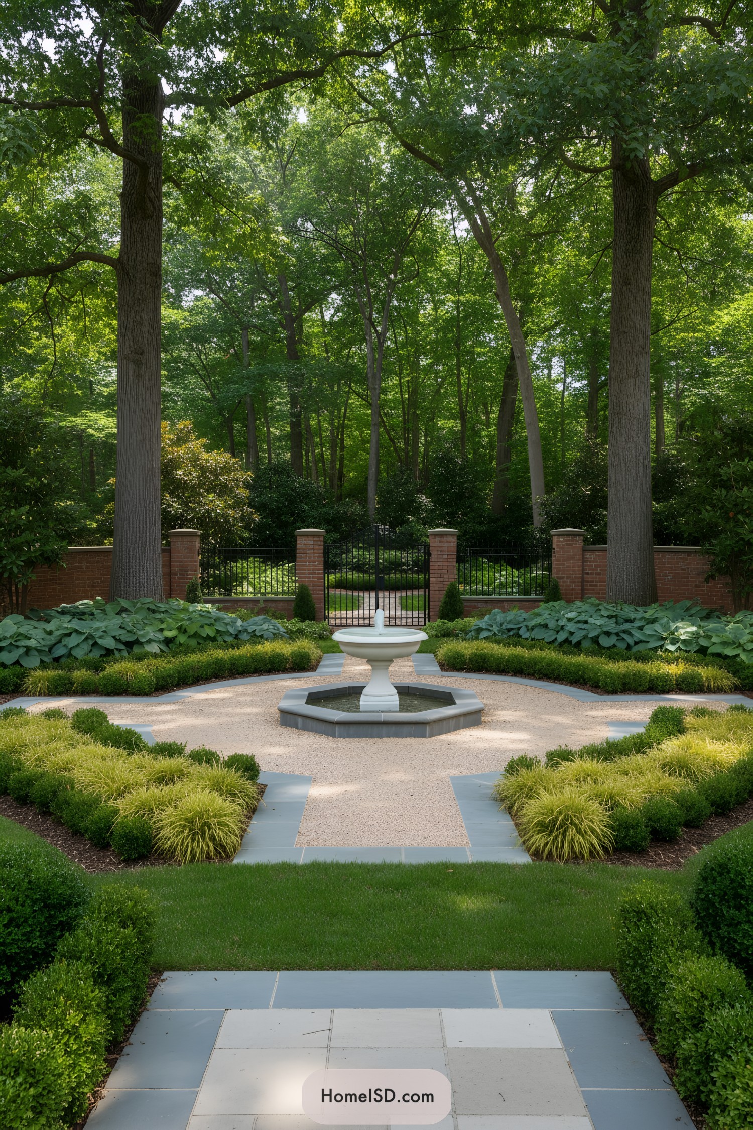 Formal pebble court with octagonal fountain, boxwood hedges, and slate pavers framed by tall trees and a brick-and-iron gate