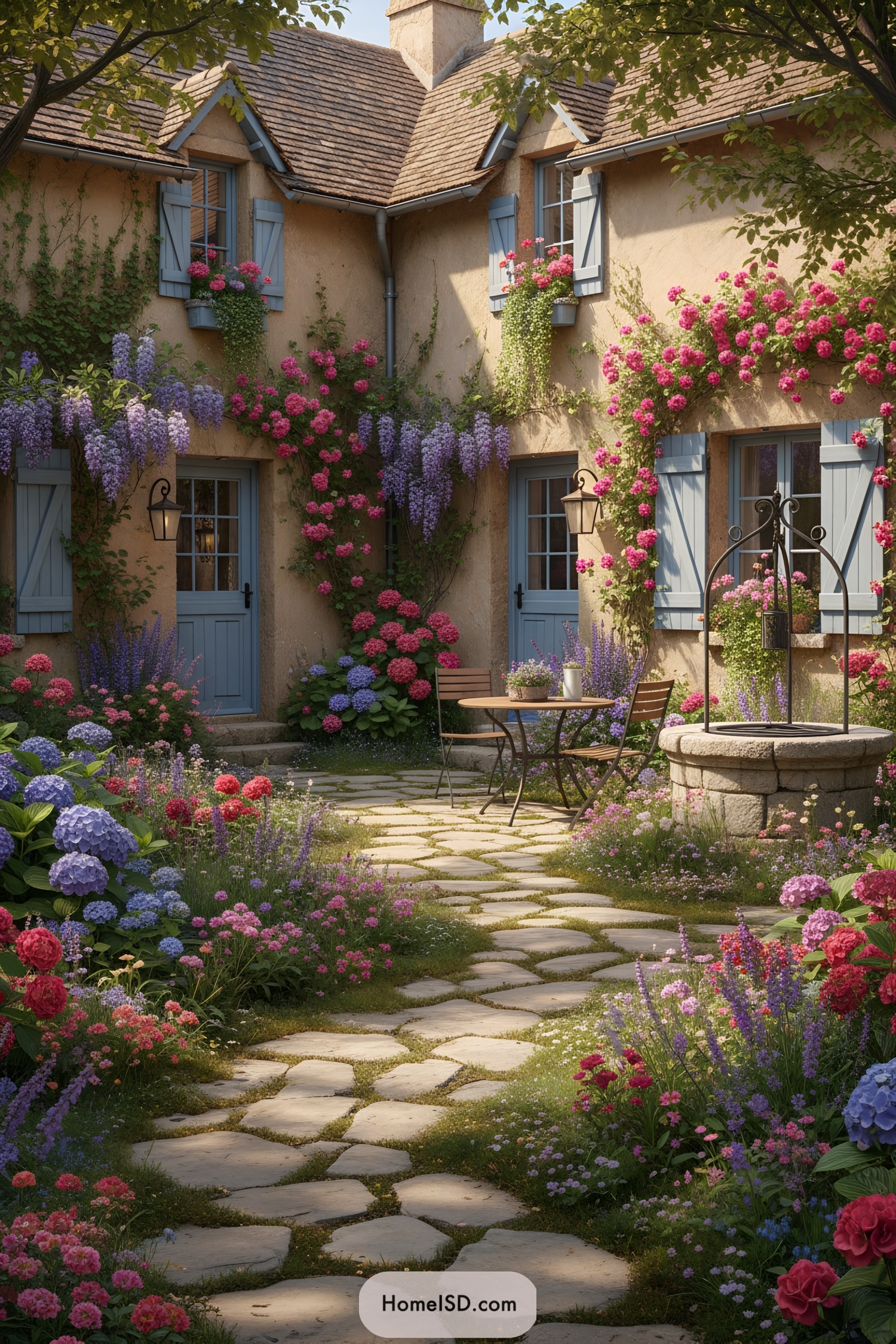 Stone courtyard with cottage, flowers, and well