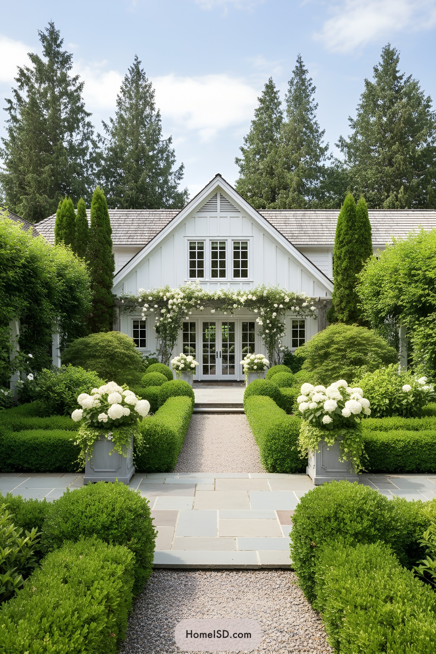 Formal boxwood parterre with white hydrangeas flanking a gravel path to a white cottage