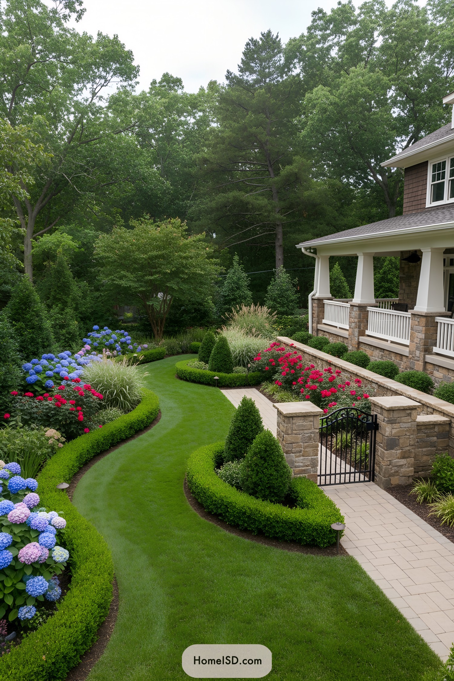Sinuous lawn bordered by clipped hedges and vibrant hydrangeas beside a stone porch and iron gate