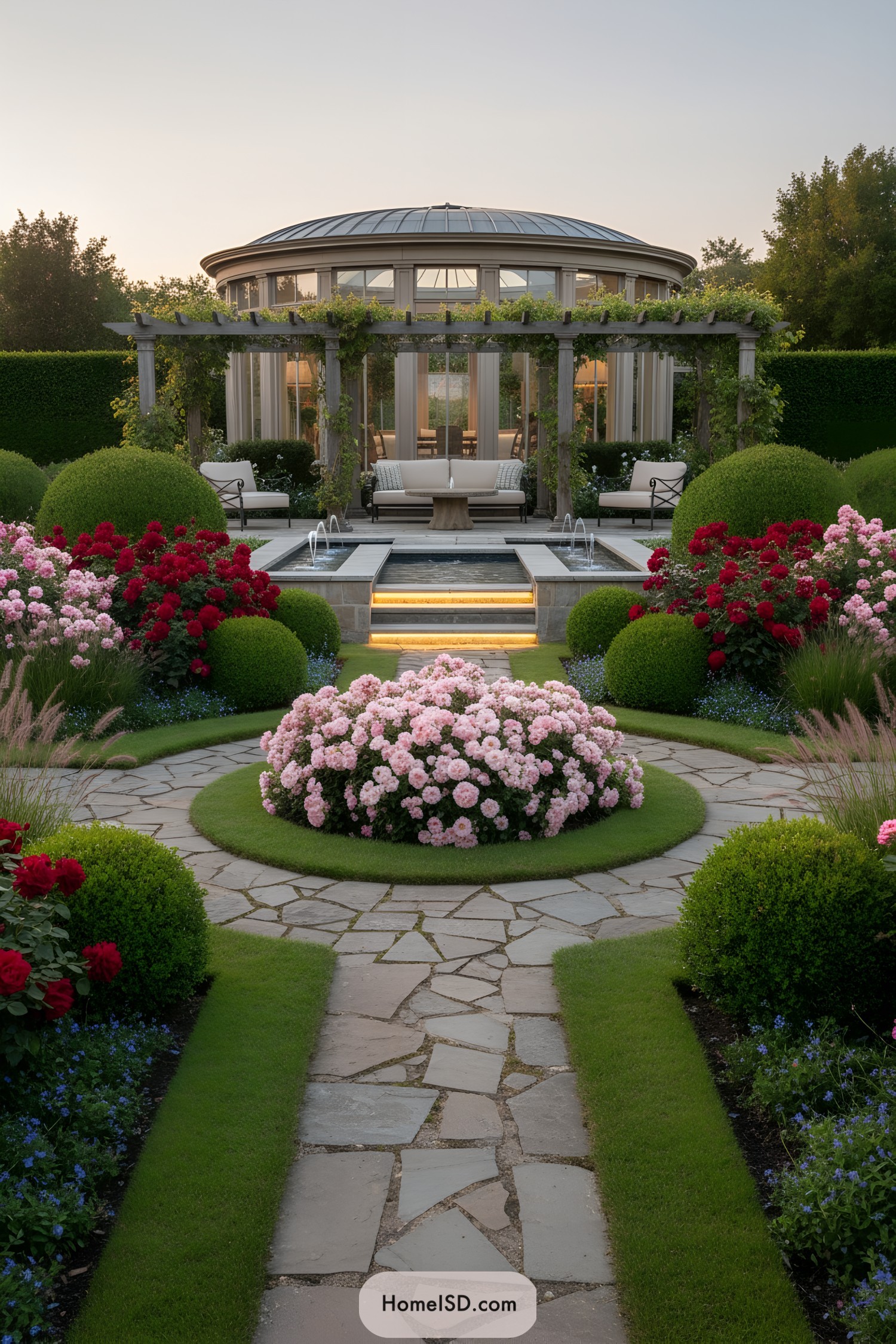 Circular pavilion, vine-draped pergola, roses, and fountains