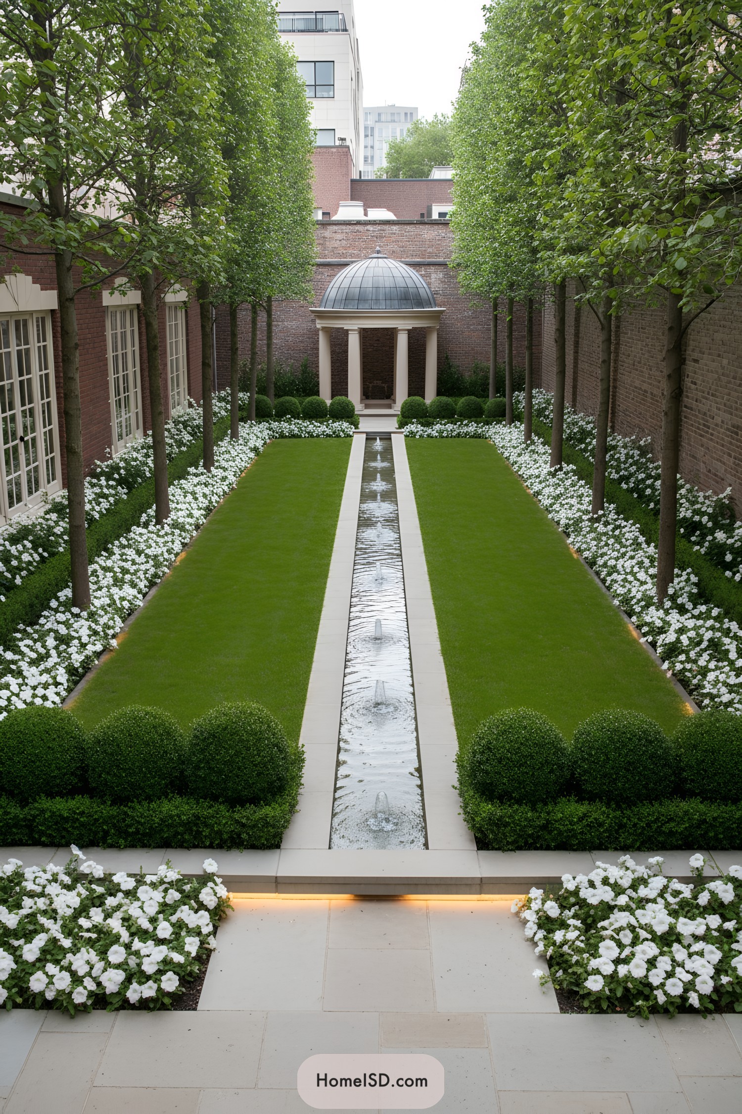Formal courtyard with rill, domed pavilion, and clipped greenery