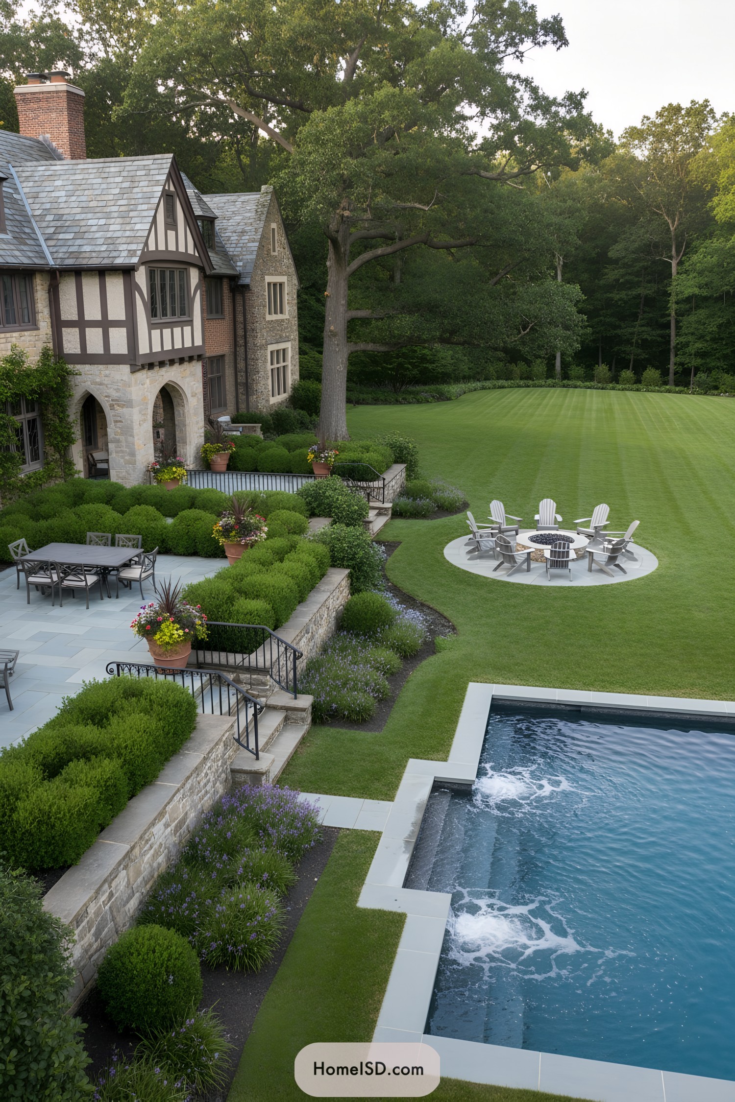 Stone manor garden with tiered boxwood, pool, and fire pit