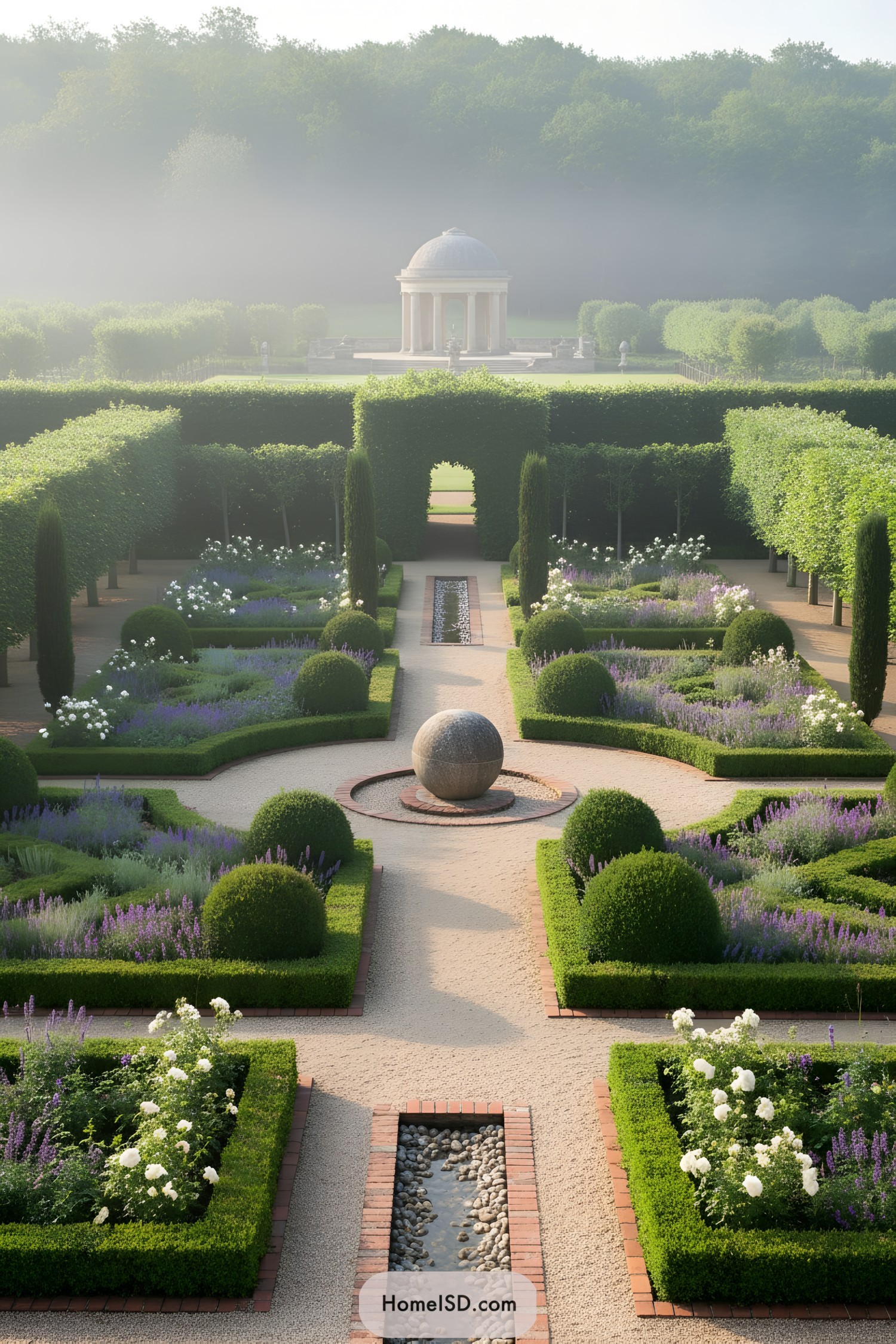 Formal parterre with hedged beds and domed pavilion in morning haze