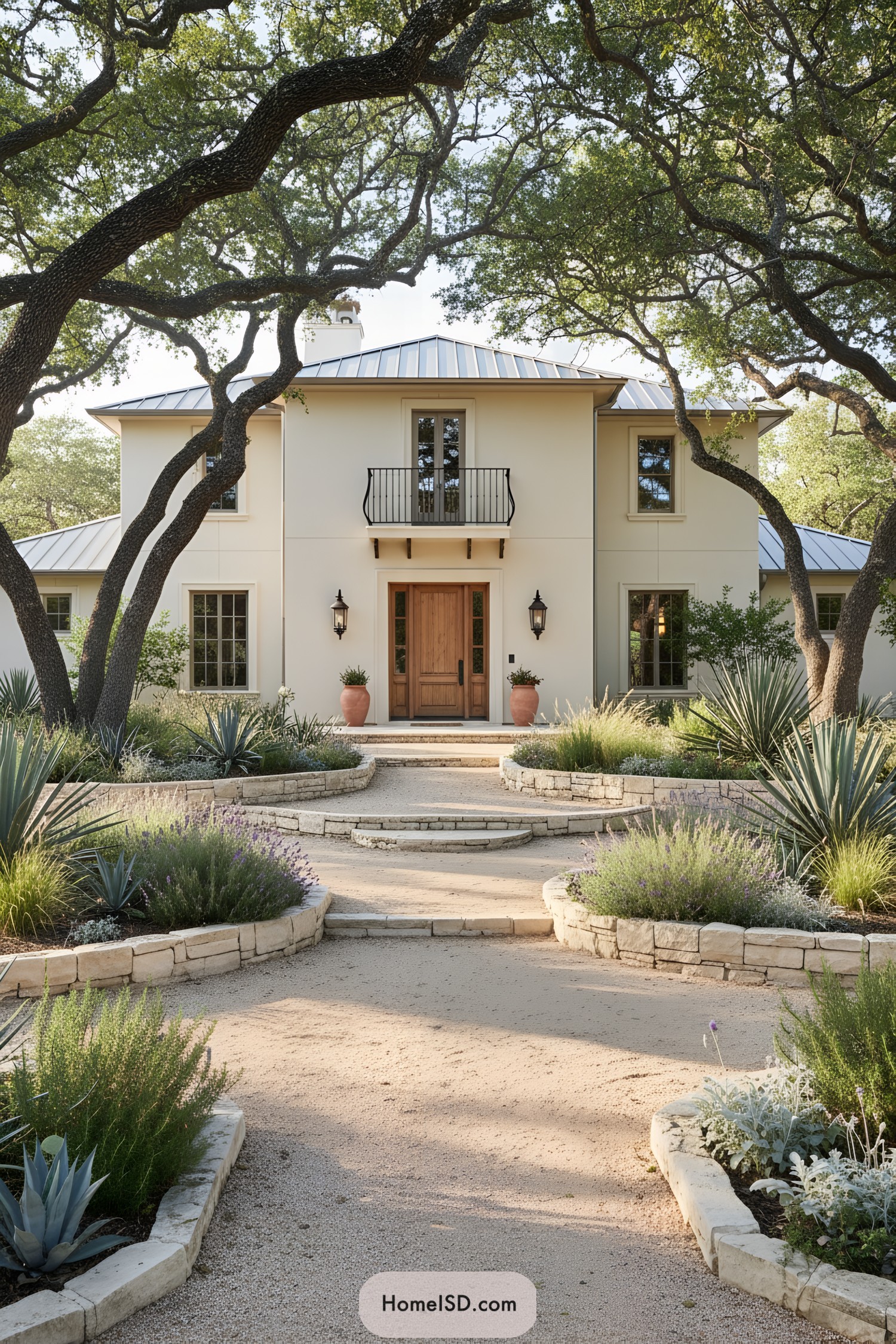 Stucco villa with curving gravel paths, tiered limestone planters, and drought-tolerant plantings beneath spreading live oaks