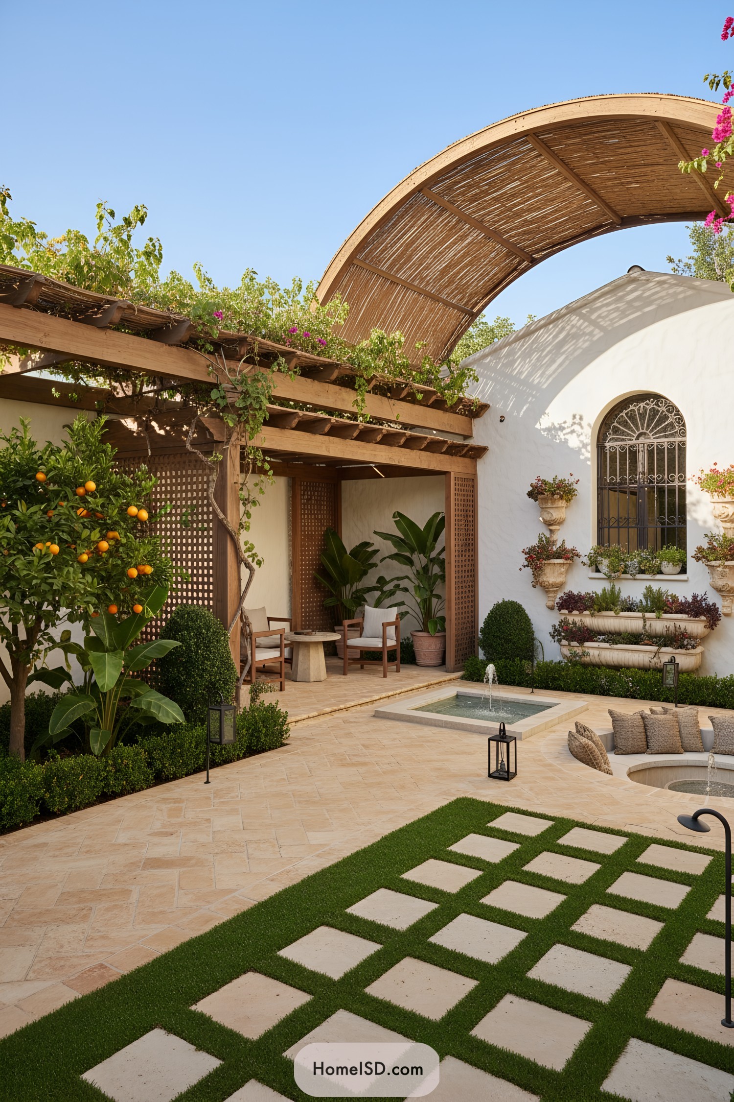 Stucco patio with pergola, spa, and planters