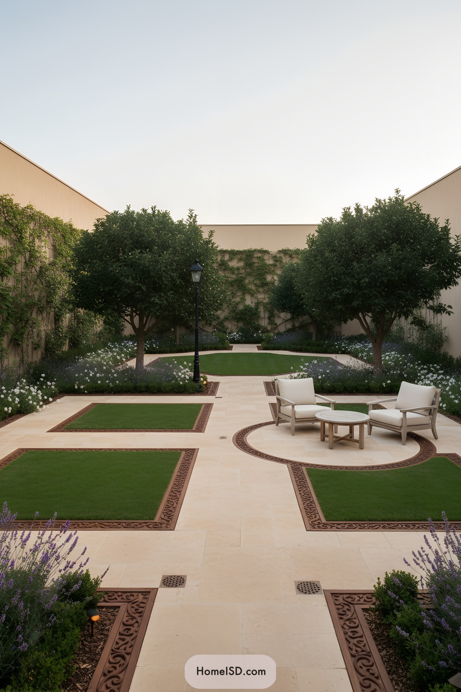 Stone courtyard with lawn panels, trees, and seating