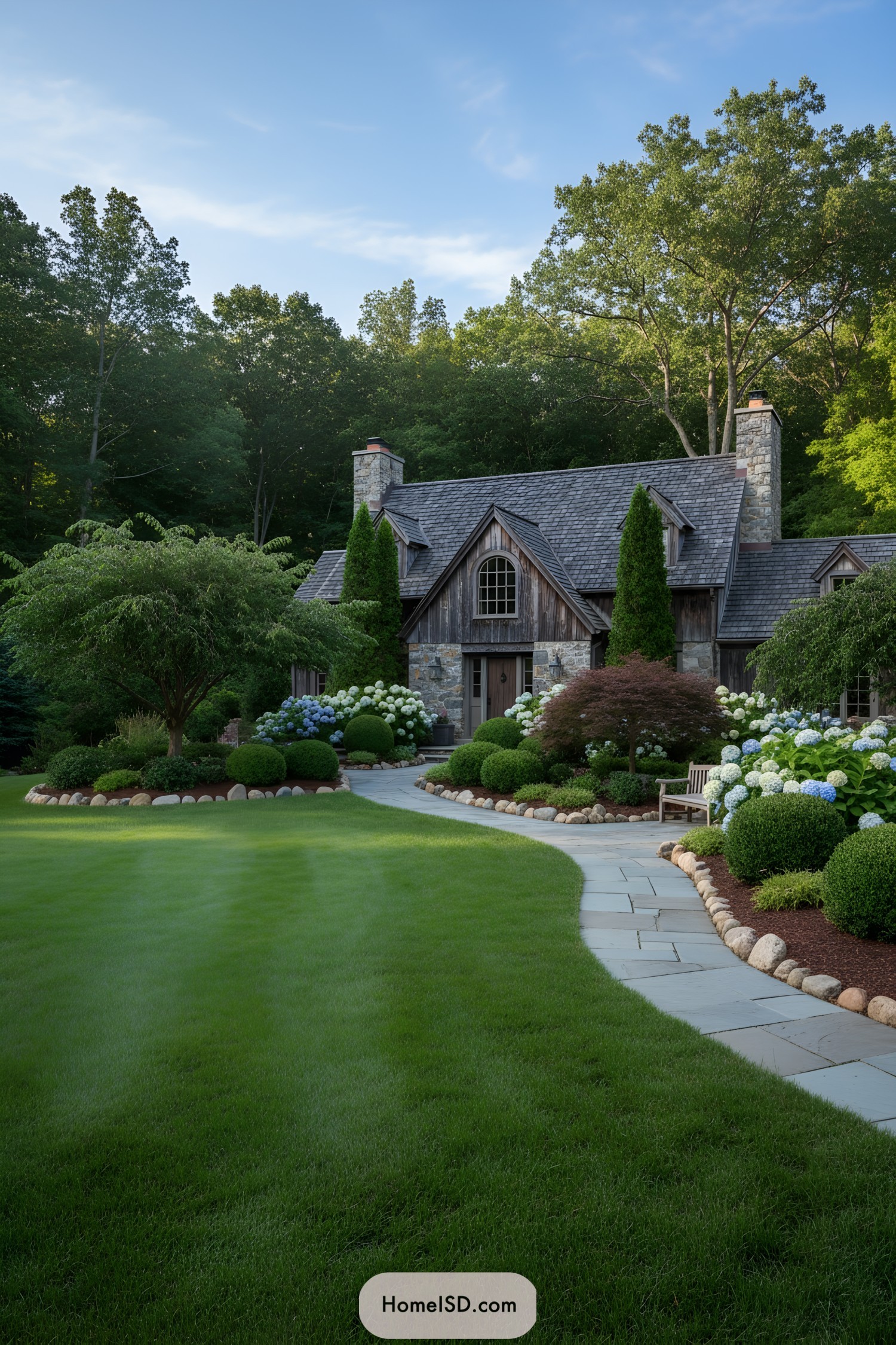 Curving bluestone path through manicured lawn, boxwood mounds, hydrangeas, and a rustic shingle-and-stone cottage