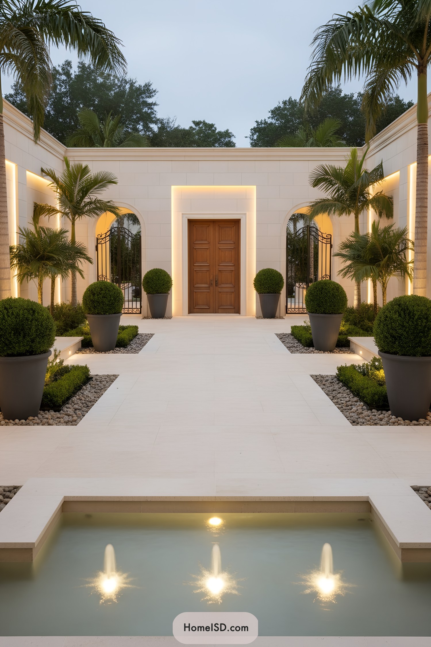 Modern courtyard with palms, boxwood pots, and lit fountains