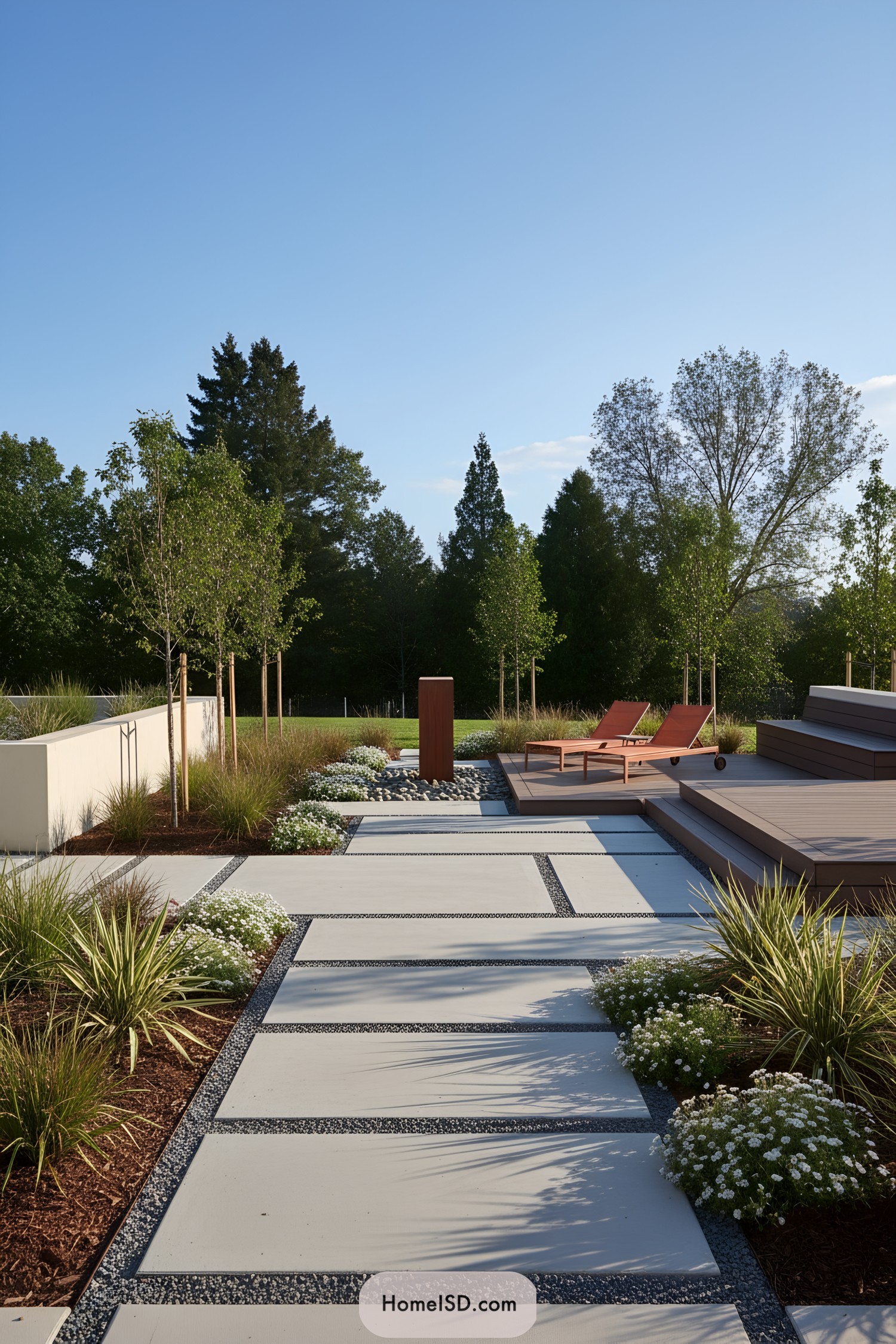 Modern yard with large concrete pavers, gravel joints, wood deck loungers, and low flowering borders