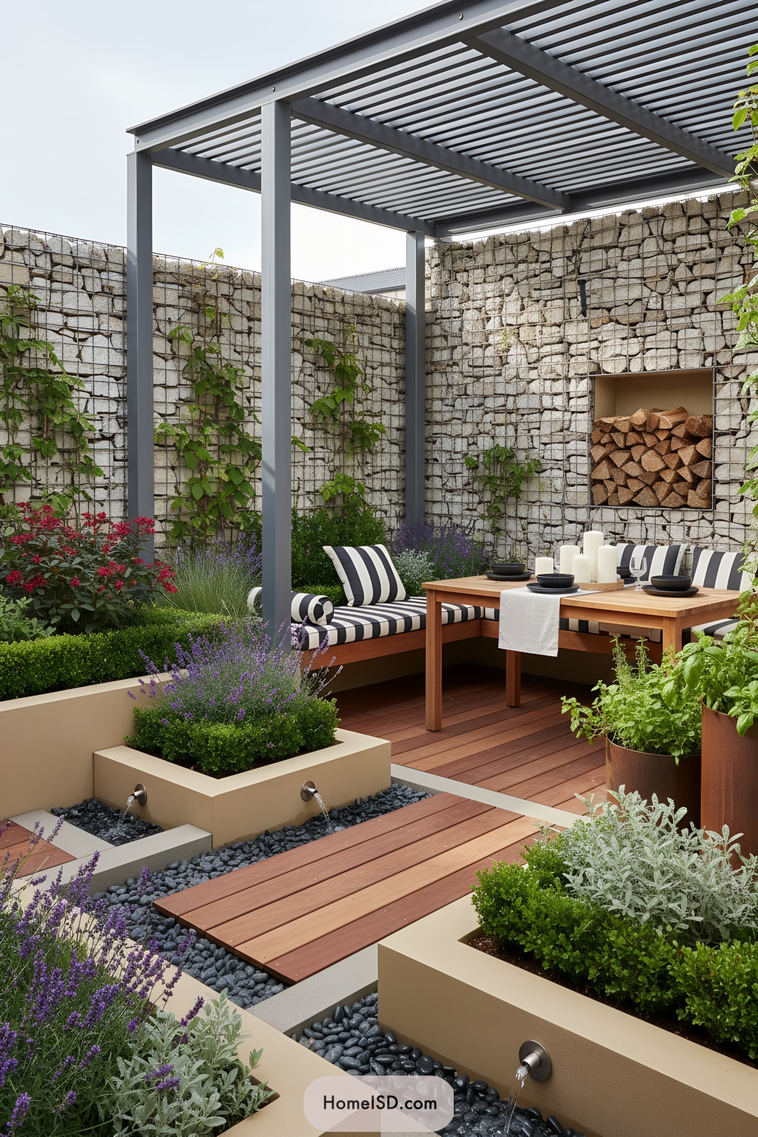 Modern patio with steel pergola, gabion walls, striped bench seating, raised herb planters, and spout fountains over black pebbles