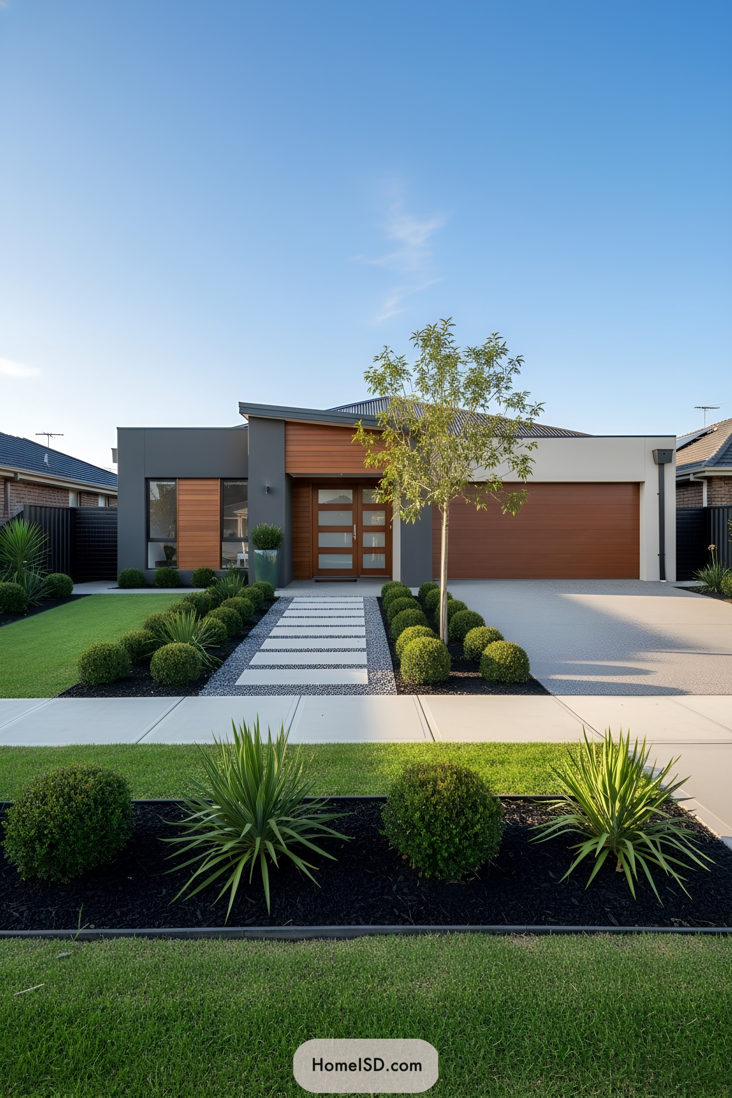Minimalist front yard with ribbon-stepped path, boxwood spheres, and cedar-accented facade