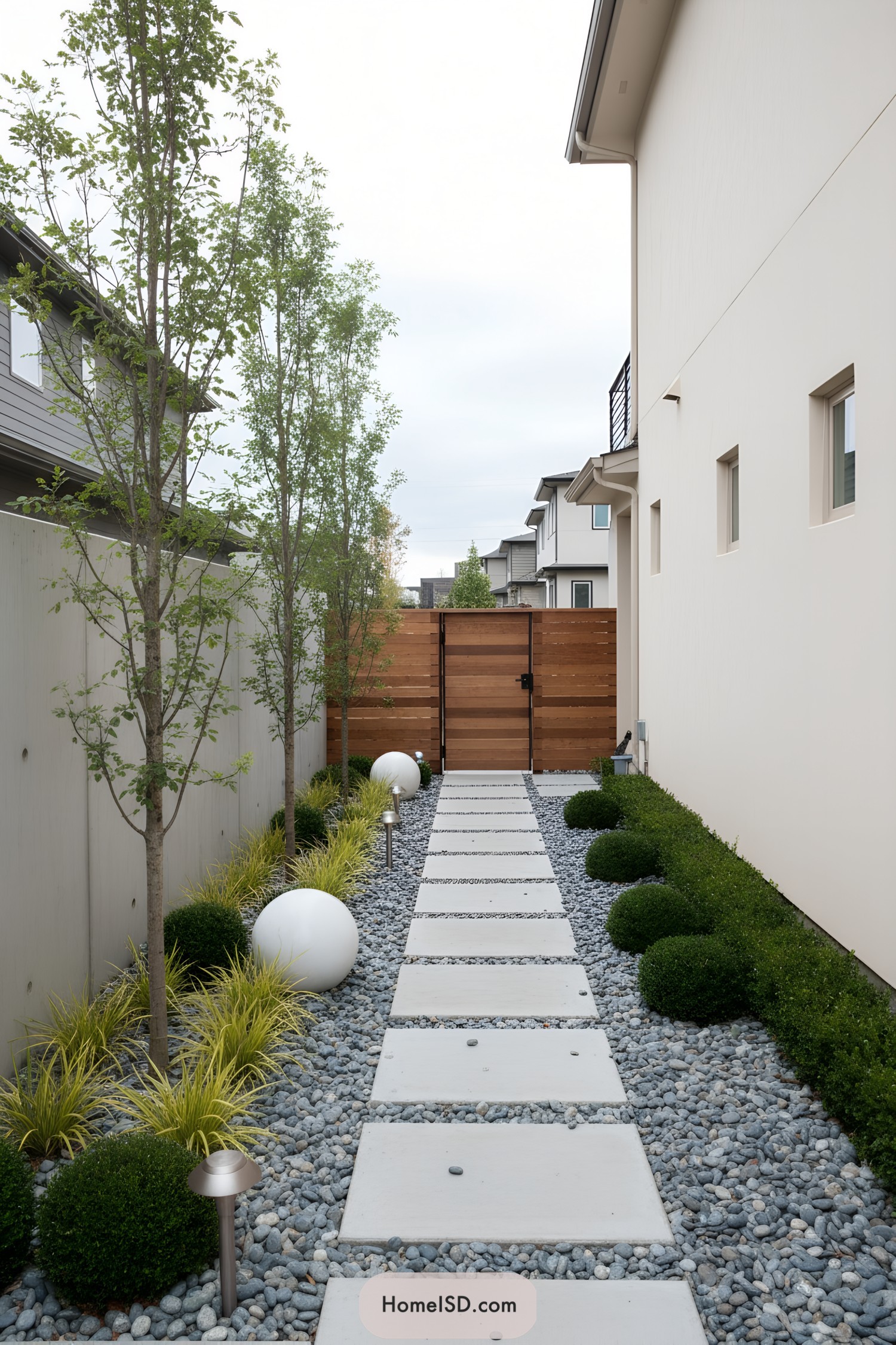 Narrow modern side yard with concrete pads on gray pebbles, boxwood mounds, and a cedar gate