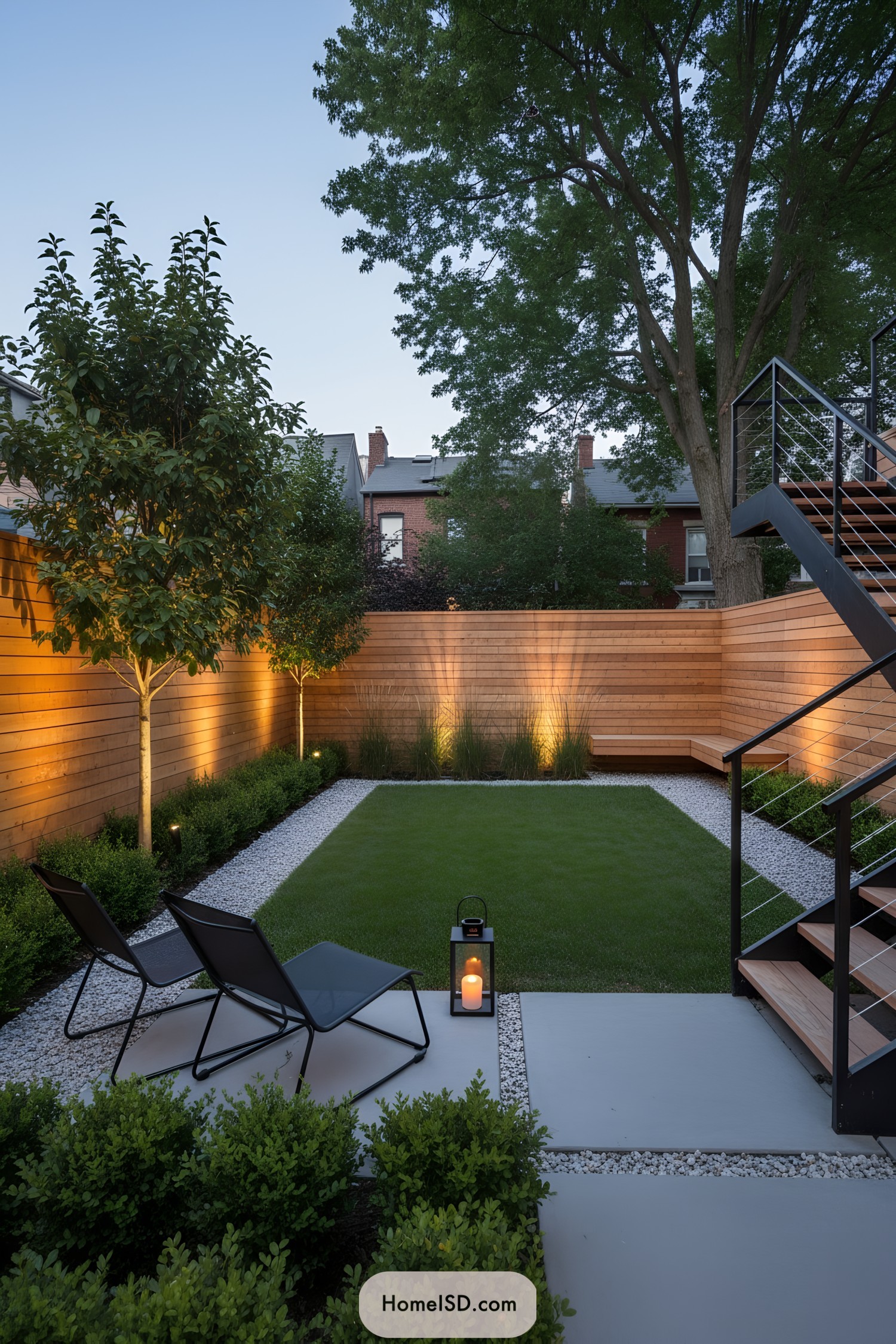 Minimalist backyard with cedar fence, uplighting, gravel-bordered lawn, concrete pads, lounge chairs, and metal stair