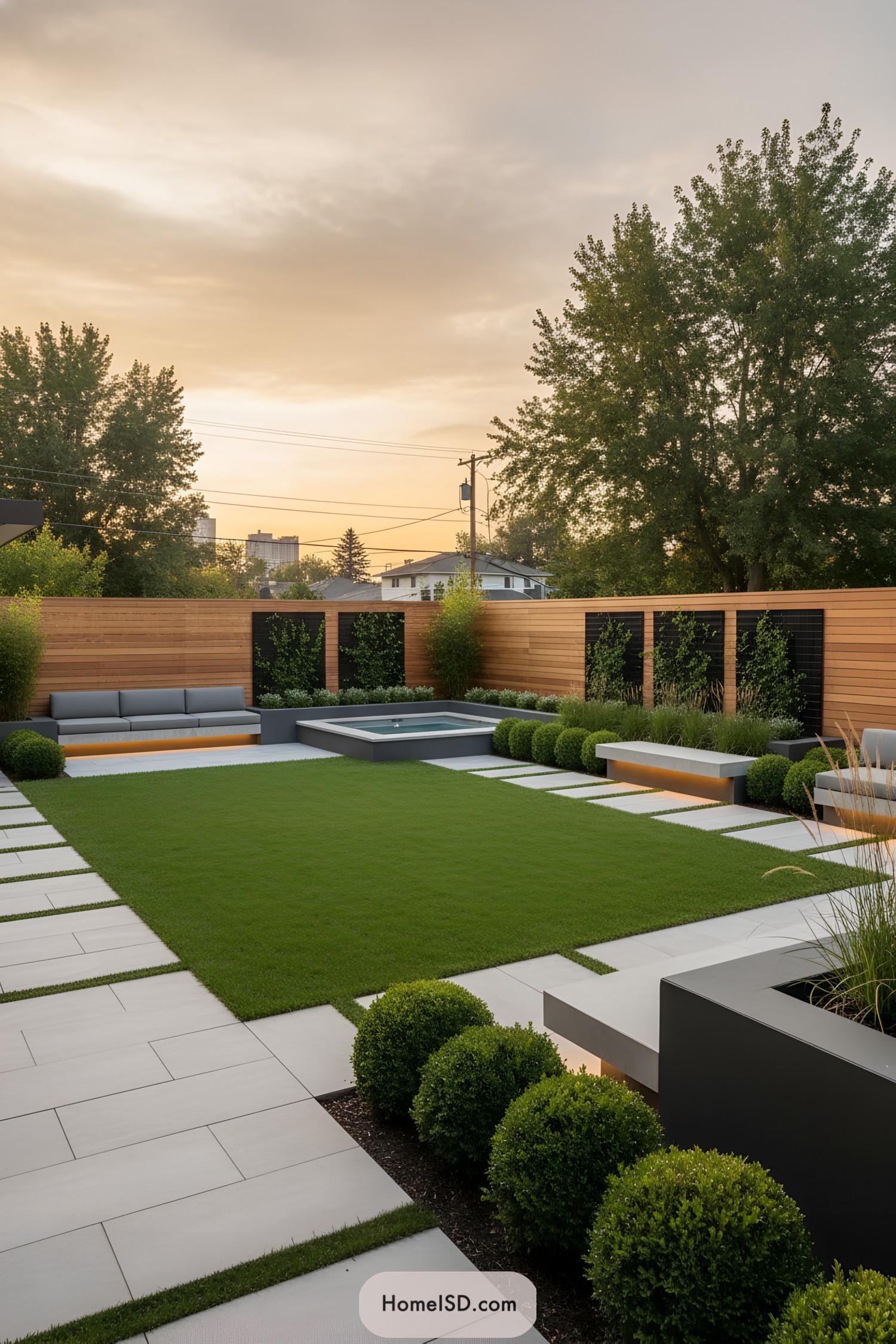 Rectilinear lawn with large pavers, wood slat fence, square spa, and underlit benches